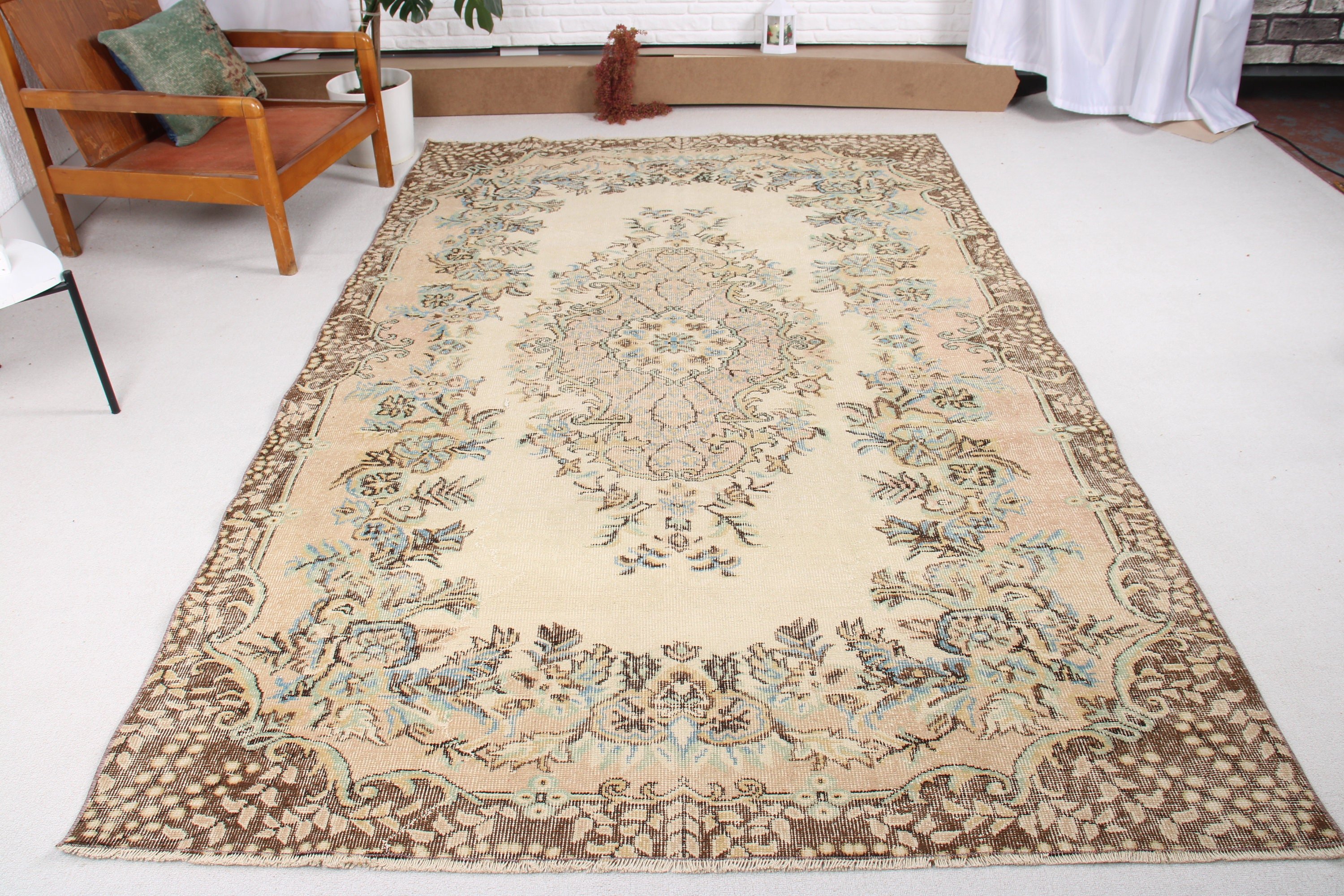 Büyük Boho Halı, Vintage Halılar, Salon Halıları, Bej El Dokuma Halı, Türk Halısı, Mutfak Halısı, El Dokuma Halılar, 5,9x9,2 ft Büyük Halı, Sanatsal Halı