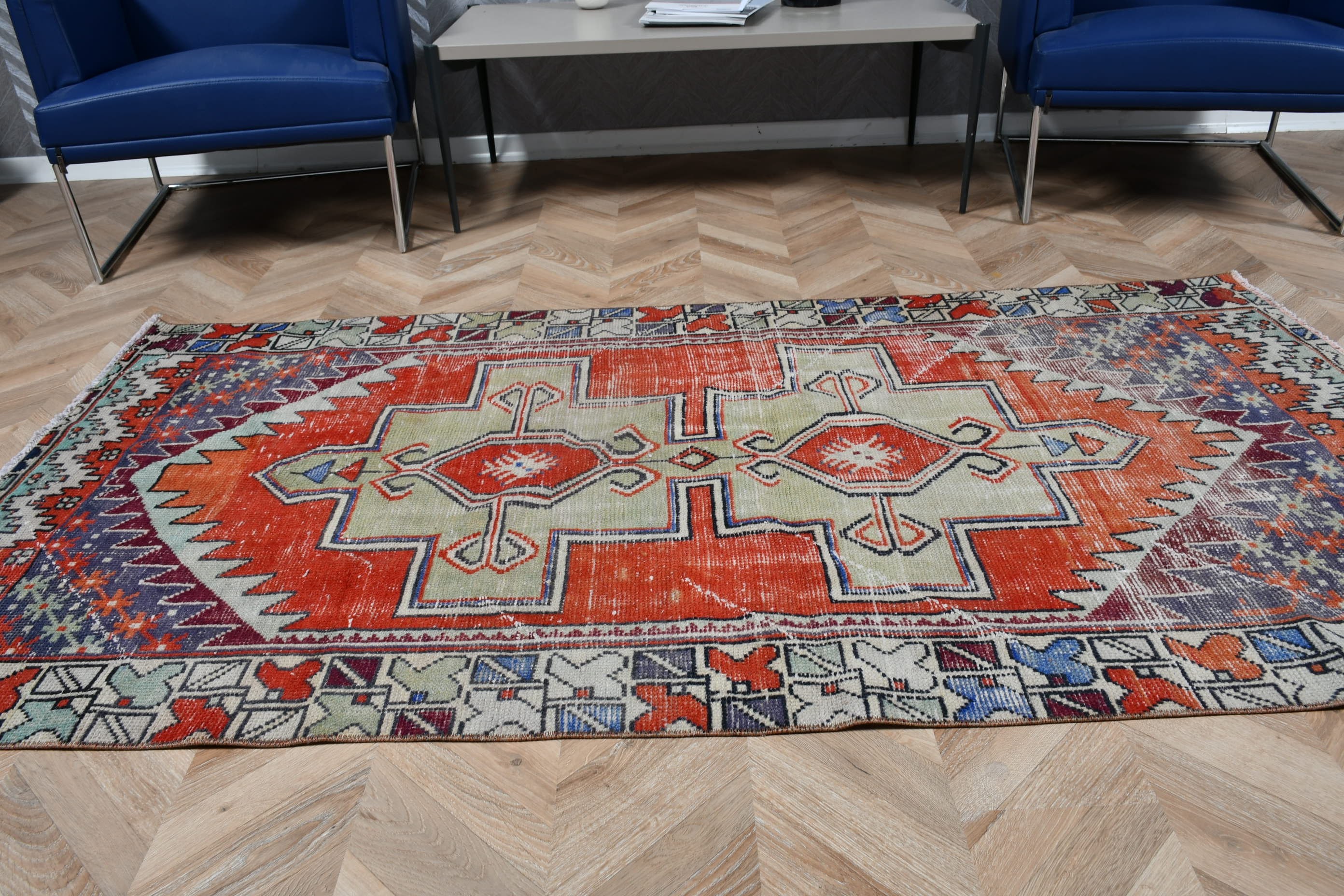 Turkish Rug, Vintage Rug, Cool Rugs, Red Wool Rug, Rugs for Floor, Abstract Rug, 3.7x7.1 ft Area Rugs, Living Room Rug