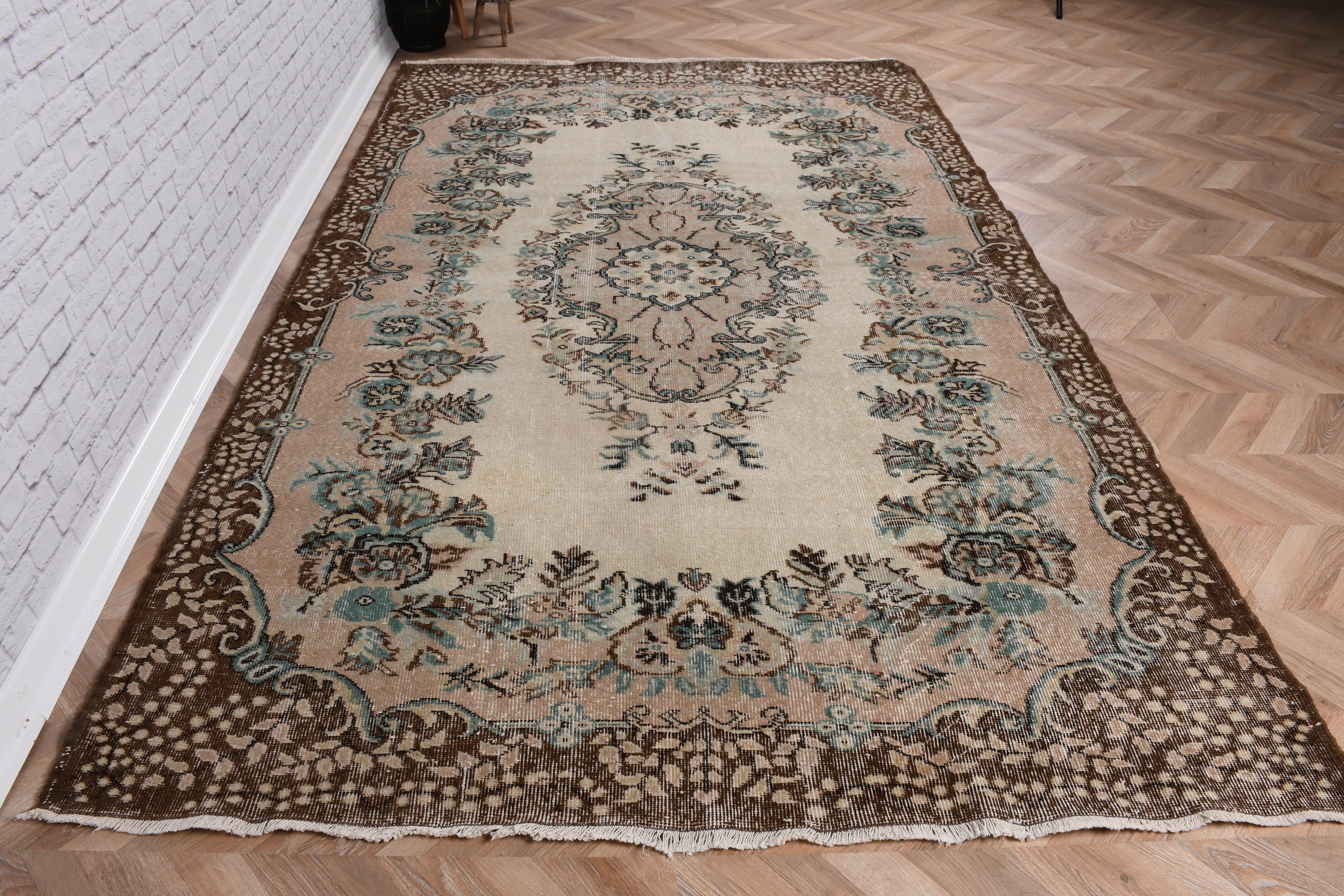 5.7x9.1 ft Büyük Halı, Bej Boho Halıları, El Dokuma Halısı, Ofis Halıları, Türk Halısı, Vintage Halı, Yer Halıları, Büyük Oushak Halıları, Yemek Odası Halısı