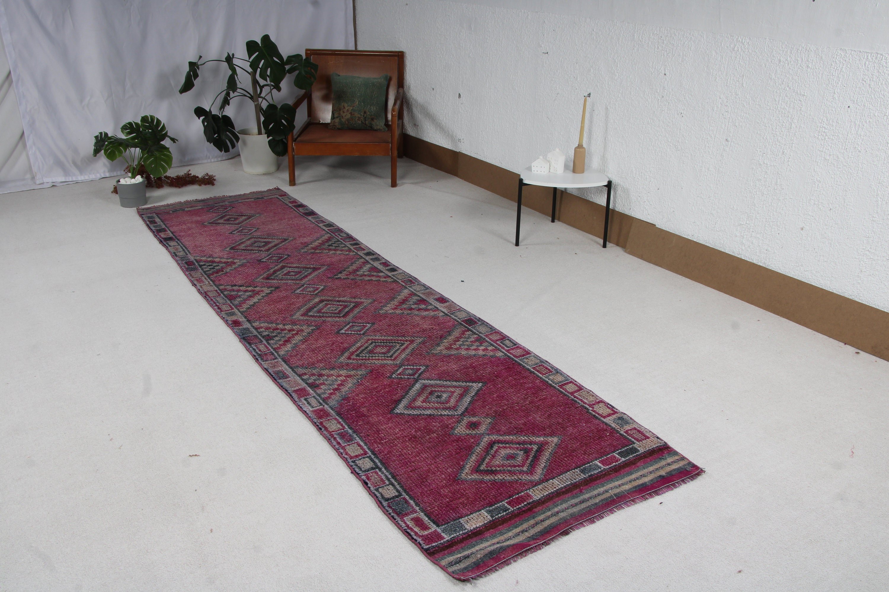 Vintage Halı, Mor Geometrik Halılar, Boho Halı, Yatak Odası Halıları, Uzun Yolluk Halıları, Merdiven Halıları, 3x11.3 ft Yolluk Halısı, Türk Halısı