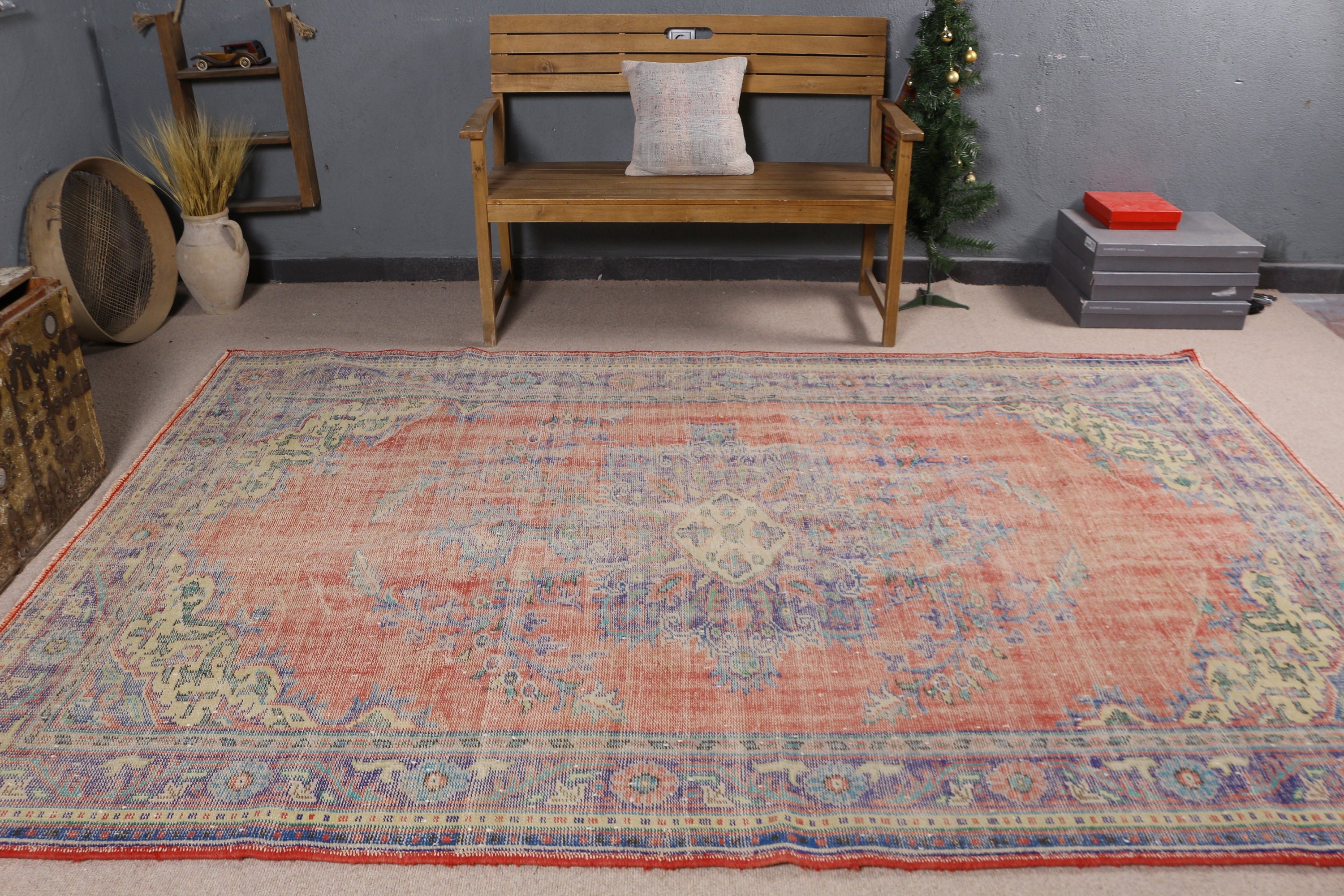 Kırmızı Oryantal Halı, 6.3x9.5 ft Büyük Halılar, Modern Halı, Yatak Odası Halıları, Yemek Odası Halısı, Vintage Halılar, Kabile Halısı, Türk Halıları, Anadolu Halısı