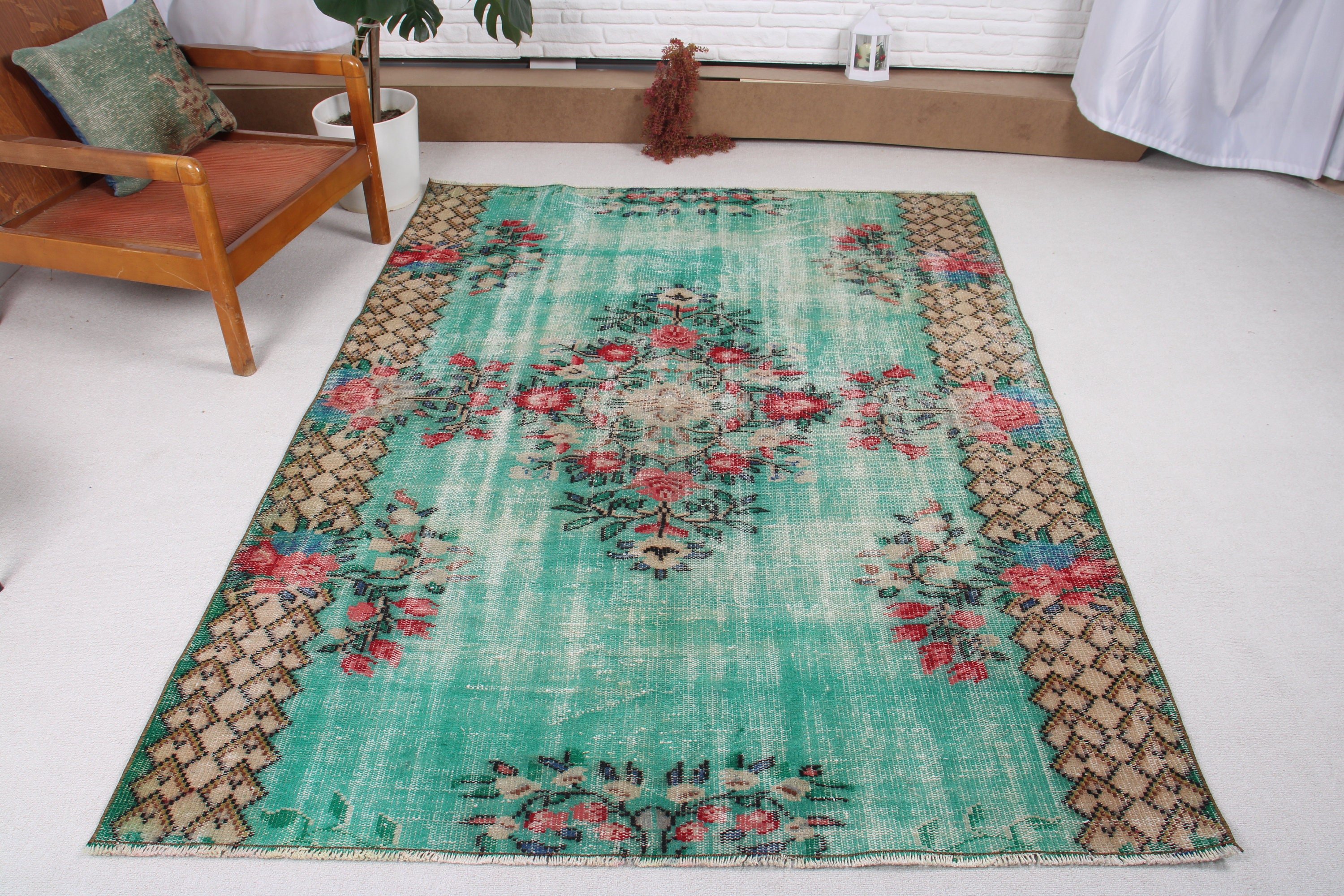 Boho Halılar, 5.1x6.7 ft Alan Halıları, Vintage Halılar, Türk Halısı, Ev Halısı, Yeşil Anadolu Halısı, Antika Halı, Yemek Odası Halıları, Lüks Halılar