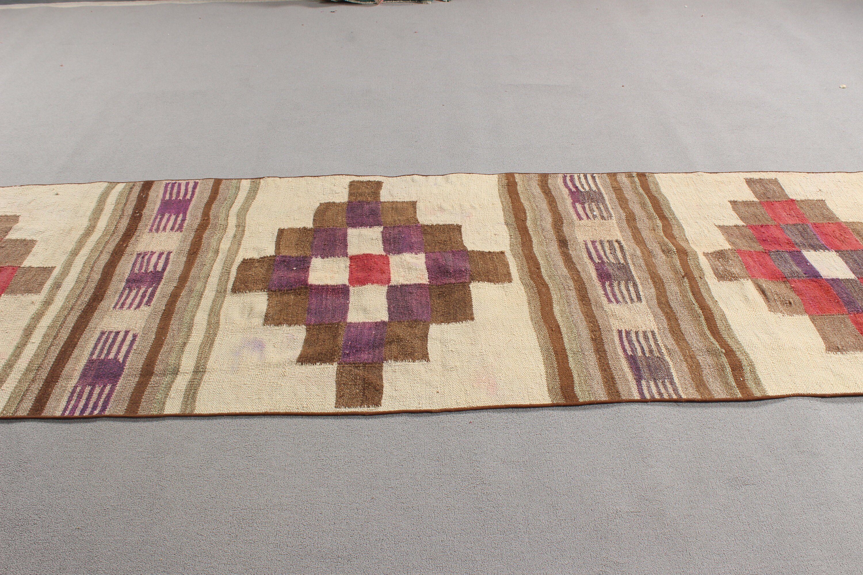 Lüks Halılar, Bej El Dokuma Halılar, Düz Dokuma Halı, 3,2x12,6 ft Runner Halı, Vintage Halı, Türk Halısı, Kilim, Koridor Halıları, El Dokuma Halılar