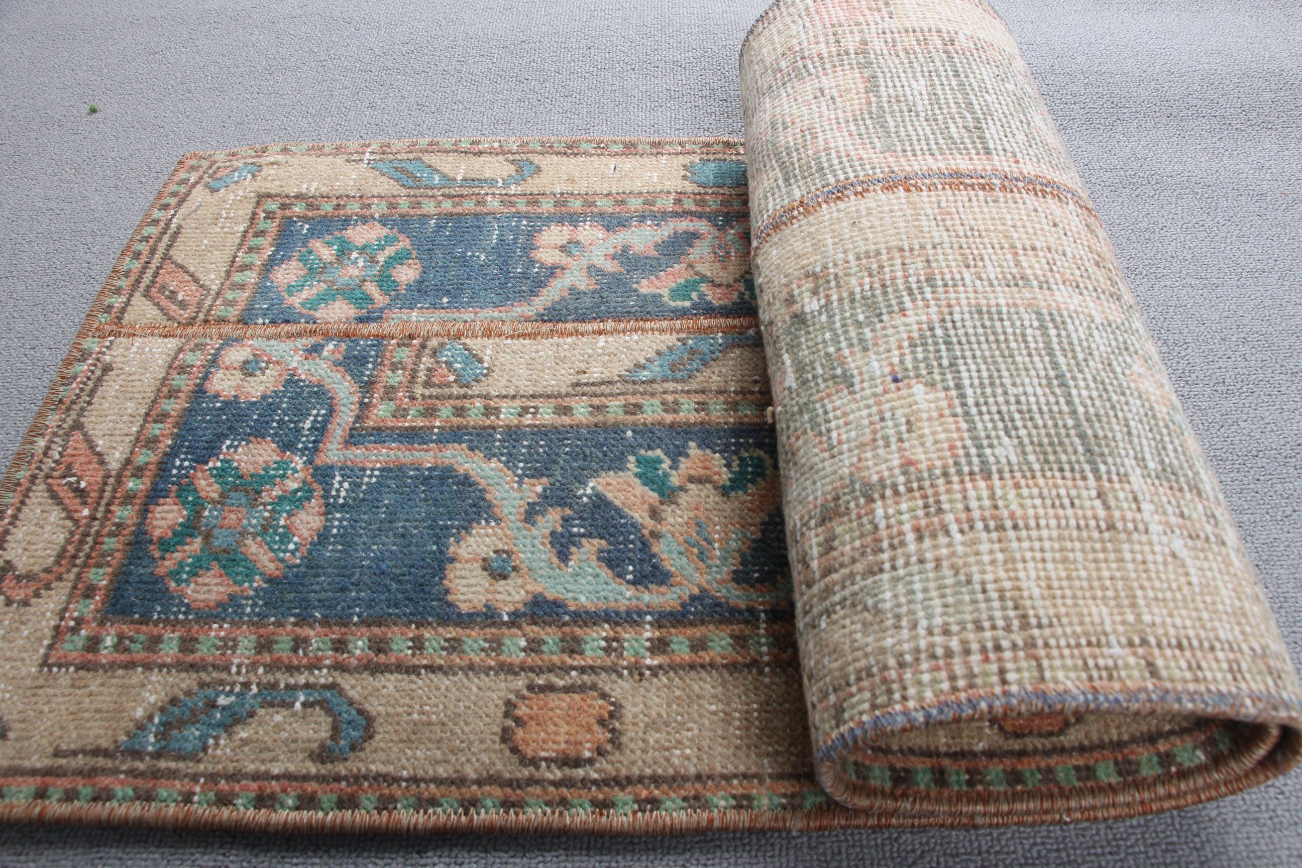 Mutfak Halısı, Vintage Halı, Yeşil 1.3x3.6 ft Küçük Halı, Kapı Paspası Halıları, Yün Halı, Türk Halısı, Yatak Odası Halısı, Havalı Halı