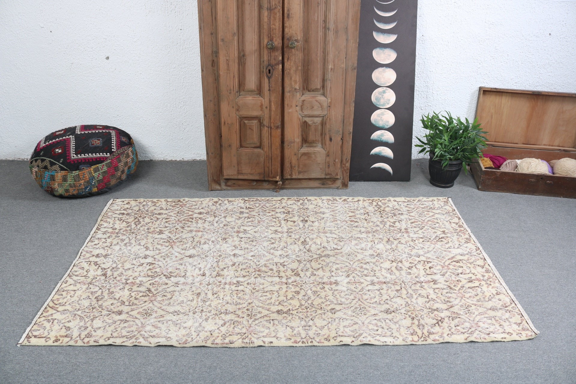 İç Mekan Halıları, Vintage Halılar, Boho Alan Halısı, Fas Halısı, Bej 3,9x6,6 ft Alan Halıları, Türk Halıları, El Dokuma Halılar