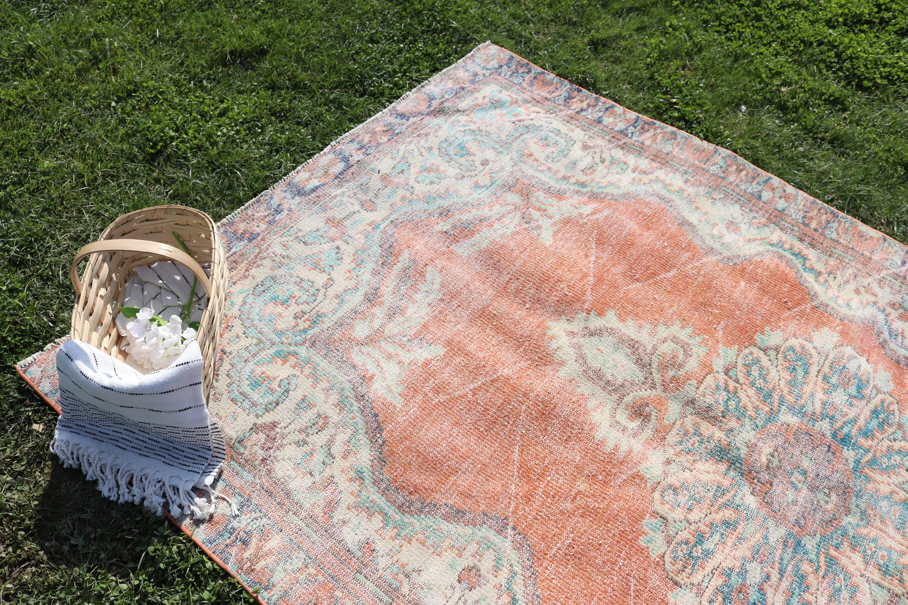 Yemek Odası Halıları, Ev Dekorasyonu Halısı, Anadolu Halısı, Türk Halıları, 5,3x8,2 ft Büyük Halılar, Turuncu Geometrik Halı, Vintage Halı, Büyük Boho Halıları