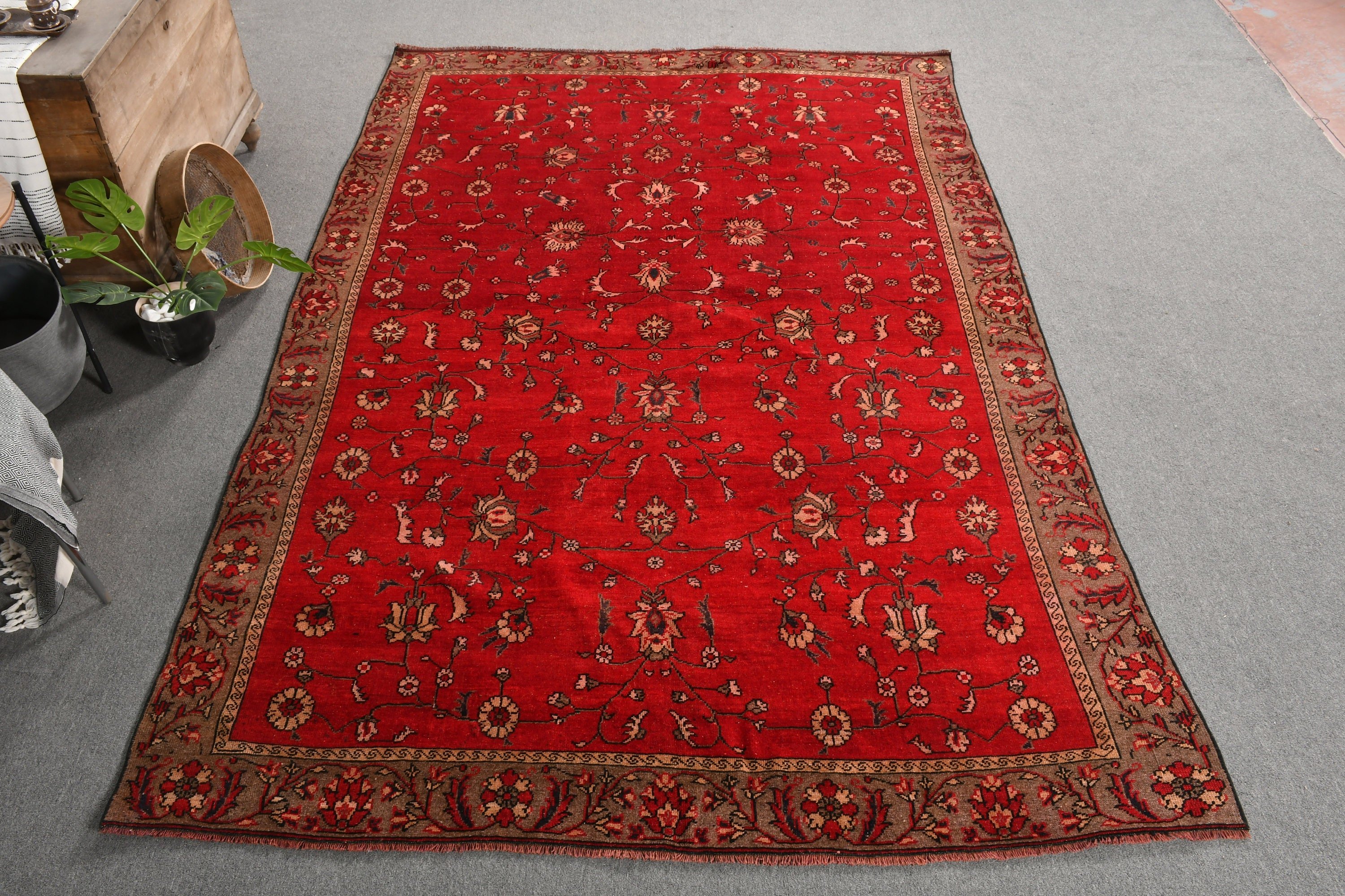 Türk Halısı, Salon Halısı, 6.7x10.1 ft Büyük Halılar, Oturma Odası Halıları, Havalı Halılar, Oryantal Halı, Kırmızı Antika Halı, Yatak Odası Halısı, Vintage Halı