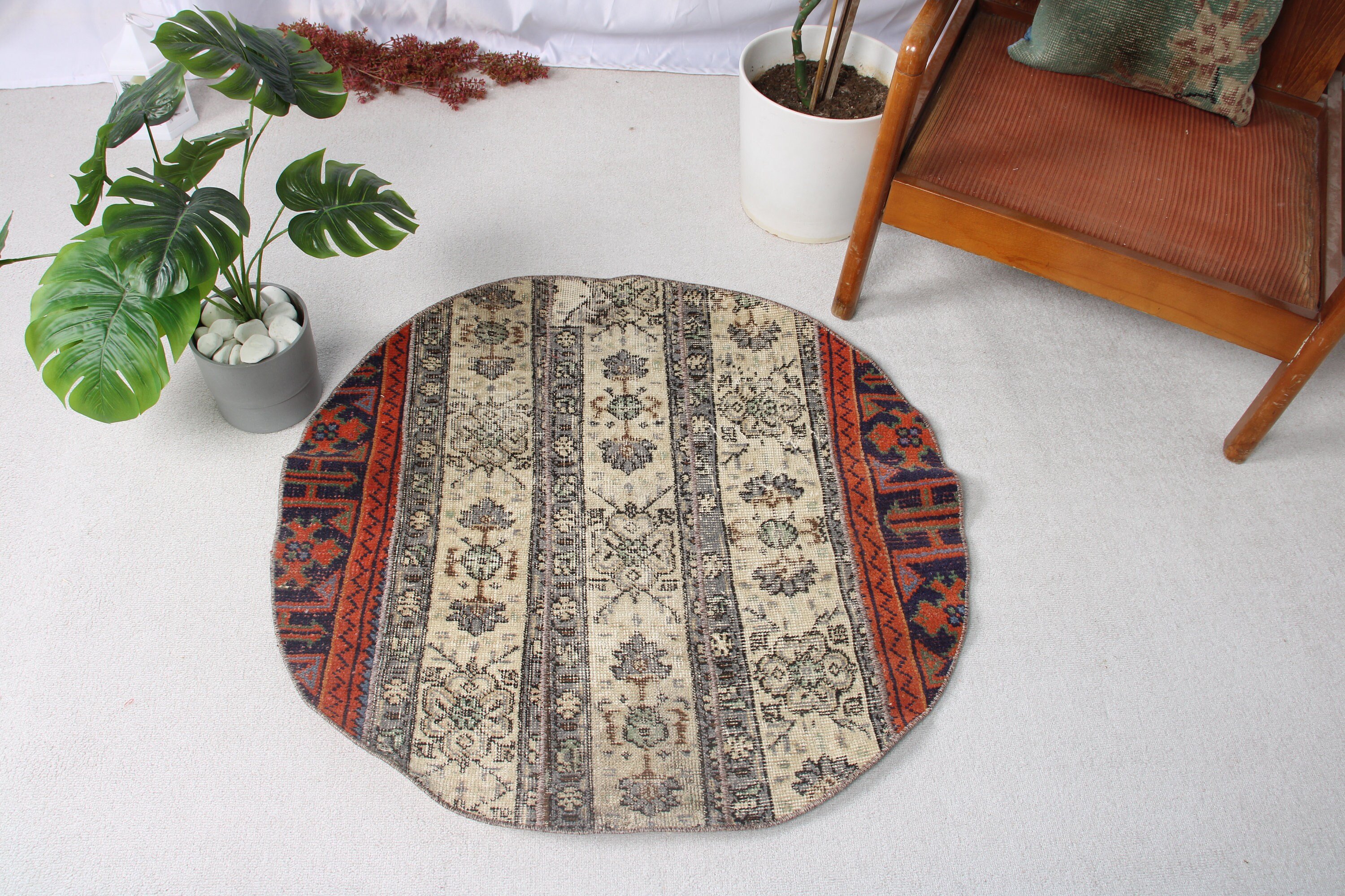 Banyo Halıları, Açıklama Halıları, Vintage Dekor Halılar, Vintage Halı, Bej Yün Halılar, 3x3 ft Küçük Halılar, Küçük Boho Halı, Türk Halıları, Yer Halıları