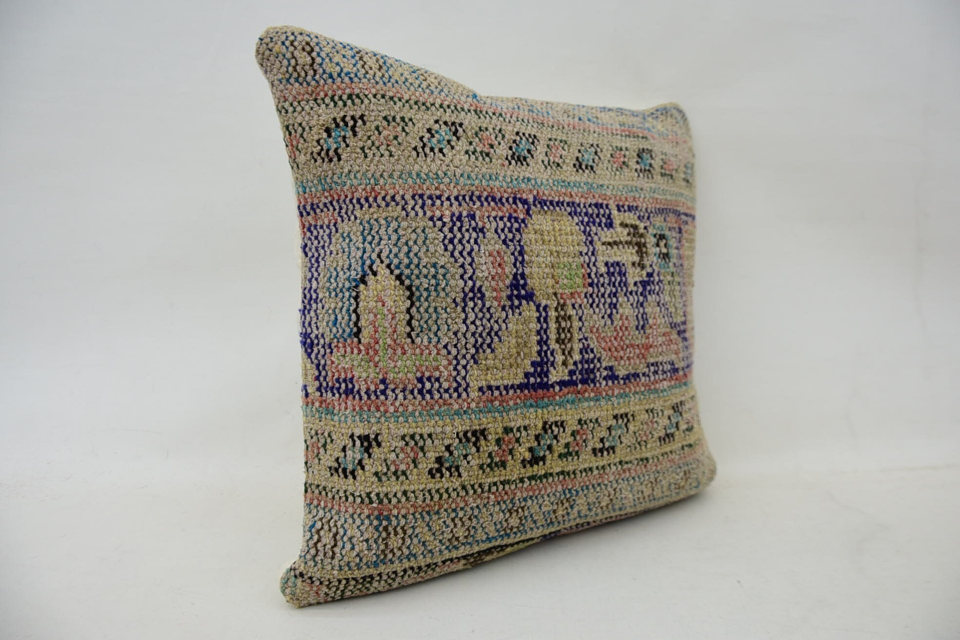 Boho Pillow Sham Cover, Turkish Kilim Pillow, Turkish Pillow, 18"x18" Blue Cushion Case, Southwestern Pillow Cover