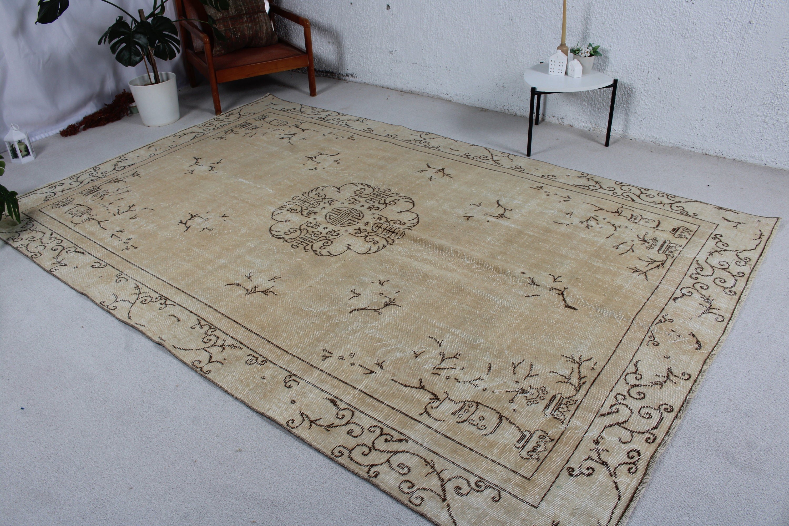 Büyük Vintage Halılar, Bej İfade Halıları, Yer Halısı, Geometrik Halı, Vintage Halılar, Türk Halısı, 6.6x9.9 ft Büyük Halı, Büyük Oushak Halı