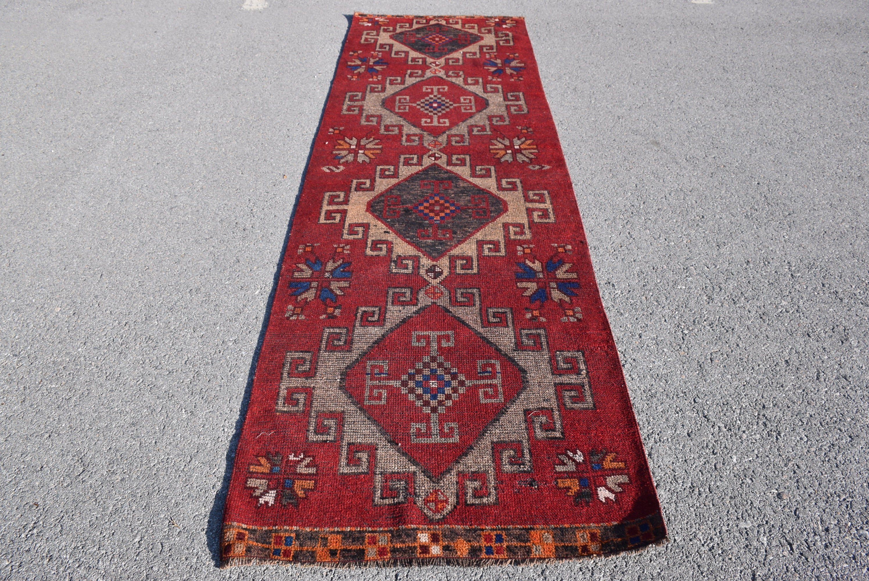 Red Oushak Rug, Kitchen Rug, Boho Rug, Turkish Rug, 3.1x10.4 ft Runner Rugs, Antique Rug, Vintage Rug, Rugs for Runner, Hallway Rugs