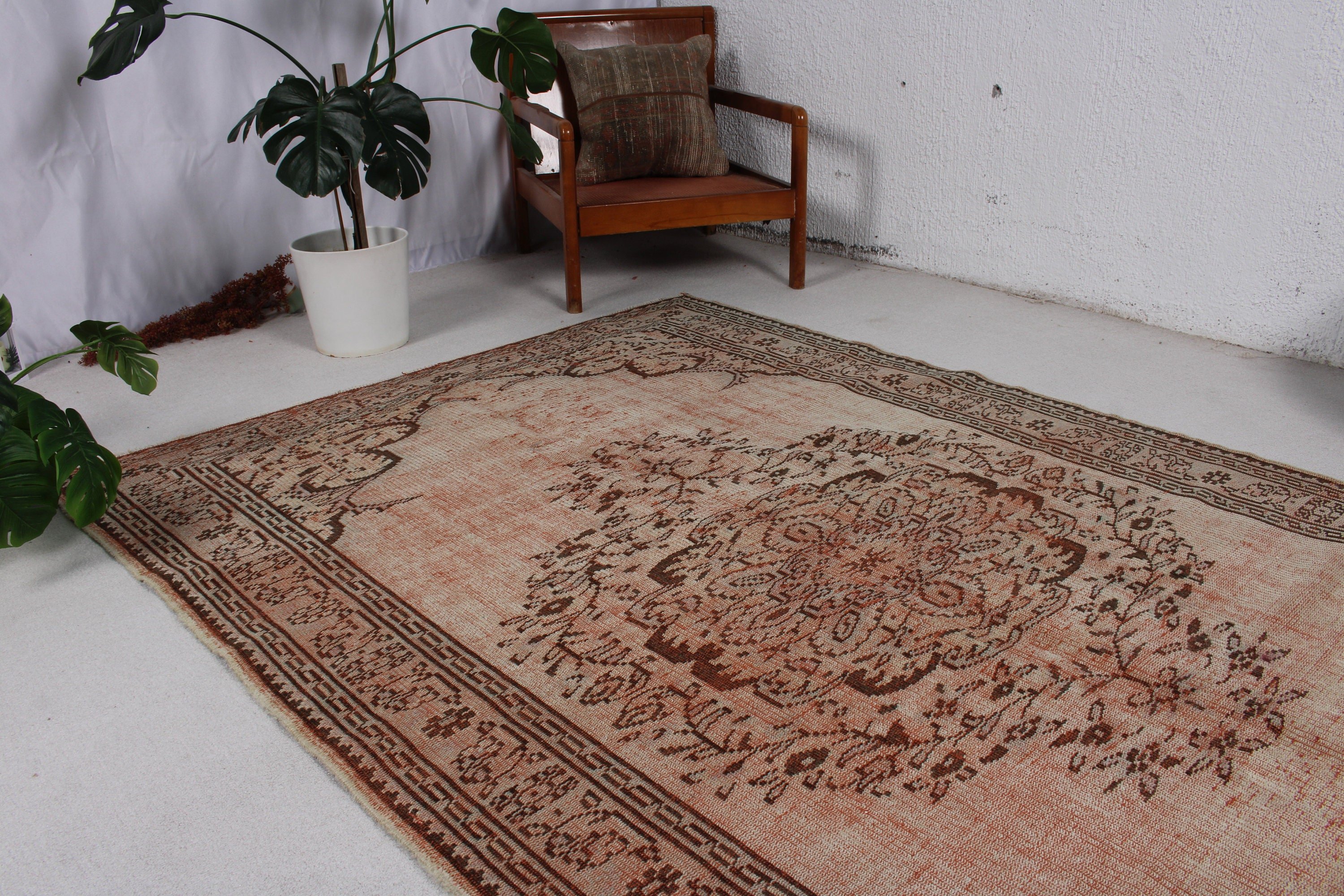 Vintage Halı, Salon Halısı, Kahverengi Oryantal Halılar, 5.3x8.1 ft Büyük Halılar, Büyük Oushak Halıları, Türk Halısı, Ev Dekorasyonu Halıları