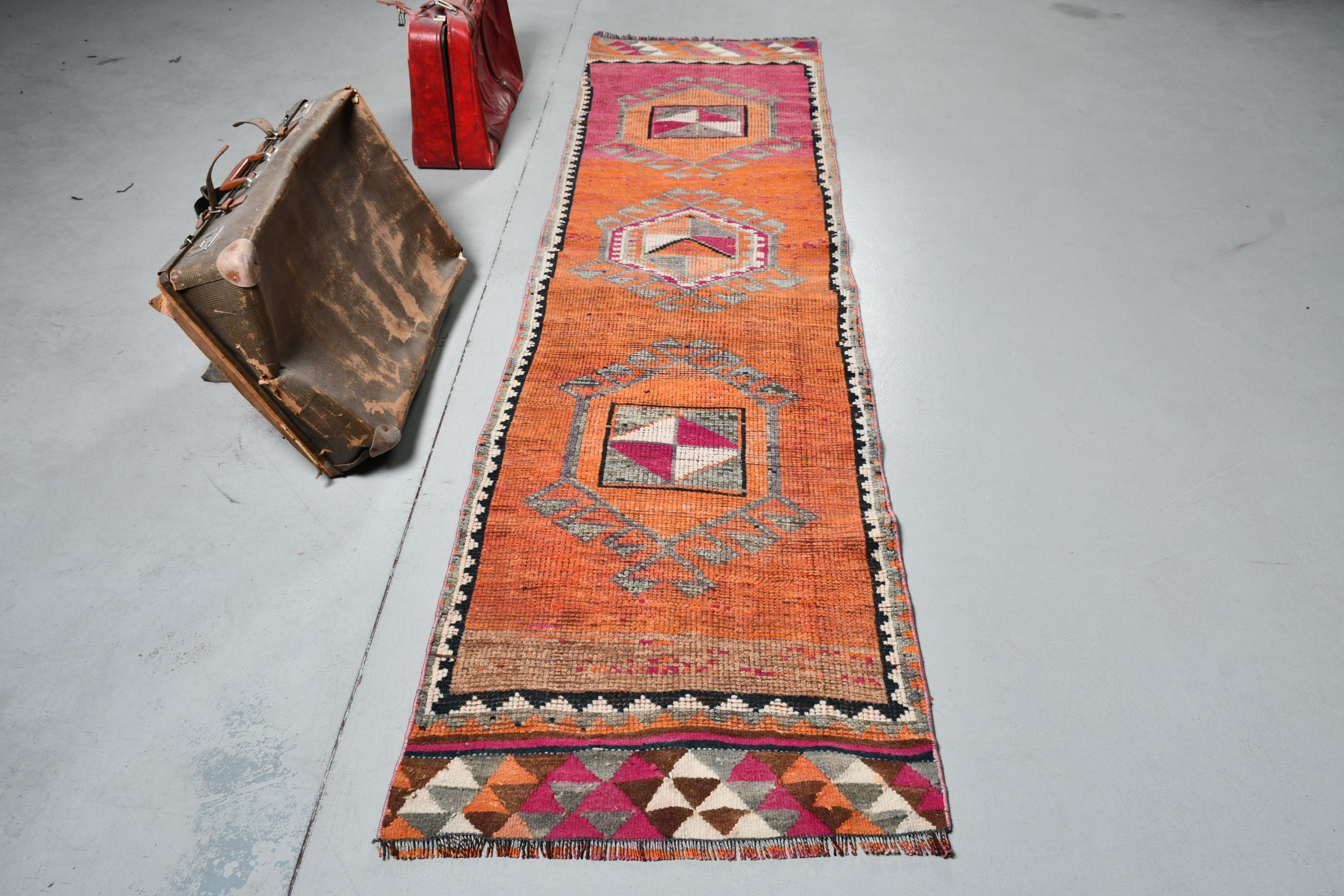 Kitchen Rug, Turkish Rug, Orange Anatolian Rugs, Custom Rug, Hallway Rug, Vintage Rugs, Floor Rug, 2.5x9.7 ft Runner Rugs, Corridor Rugs