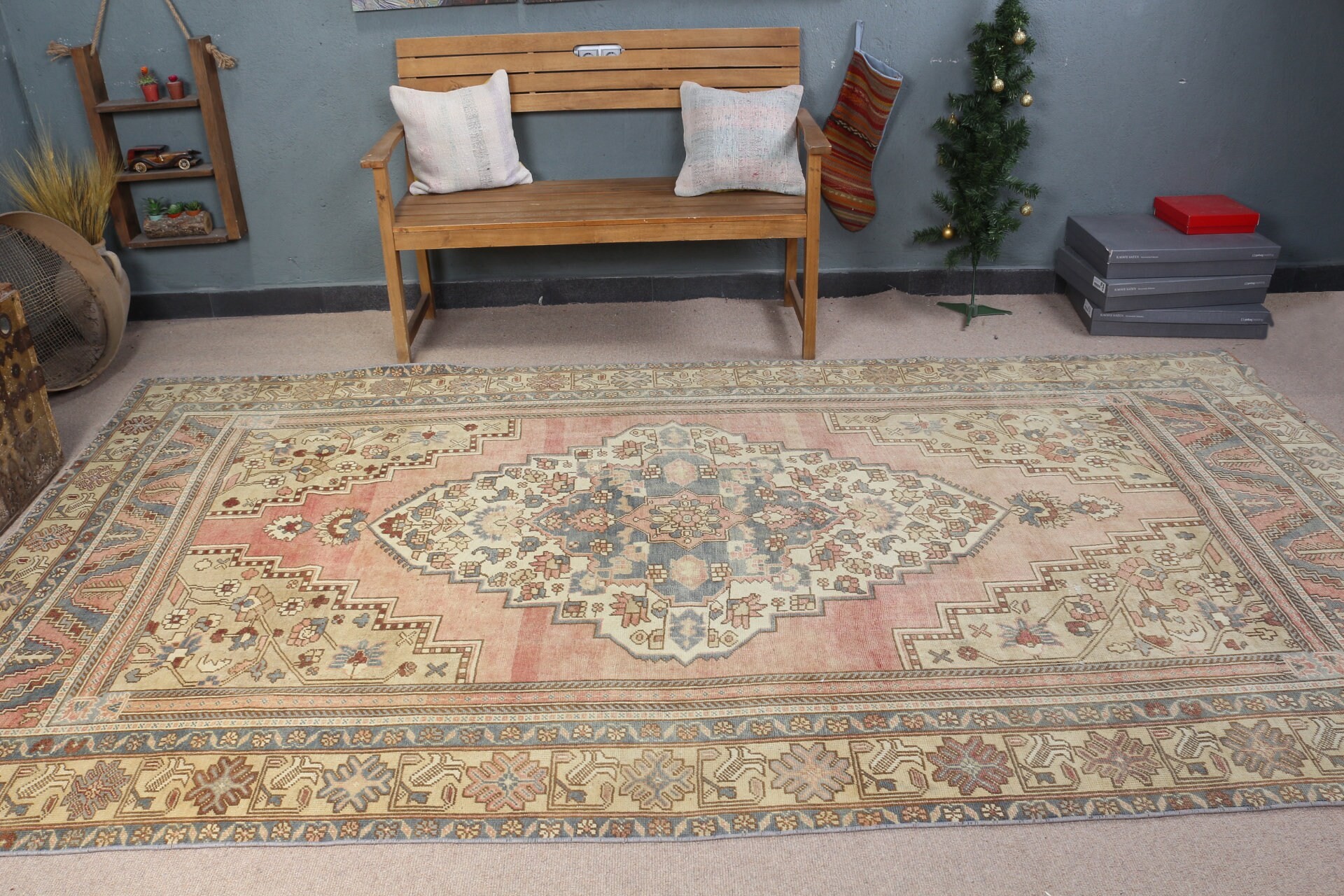 Türk Halısı, Pembe Oryantal Halı, Vintage Halı, Oushak Halıları, Salon Halısı, Ofis Halısı, 5.9x10.9 ft Büyük Halılar, Oturma Odası Halısı