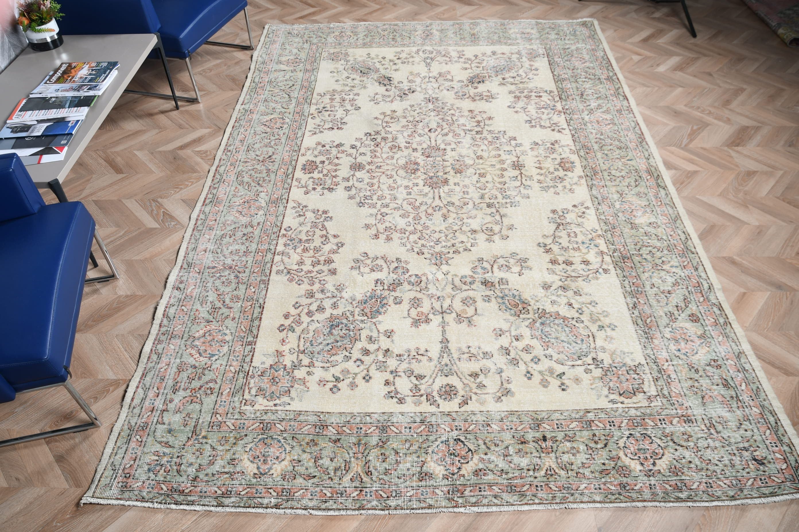 7.1x10.6 ft Büyük Boy Halılar, Salon Halıları, Mutfak Halısı, Bej Antika Halı, Vintage Halı, Türk Halısı, Oturma Odası Halısı, Salon Halısı, Havalı Halı