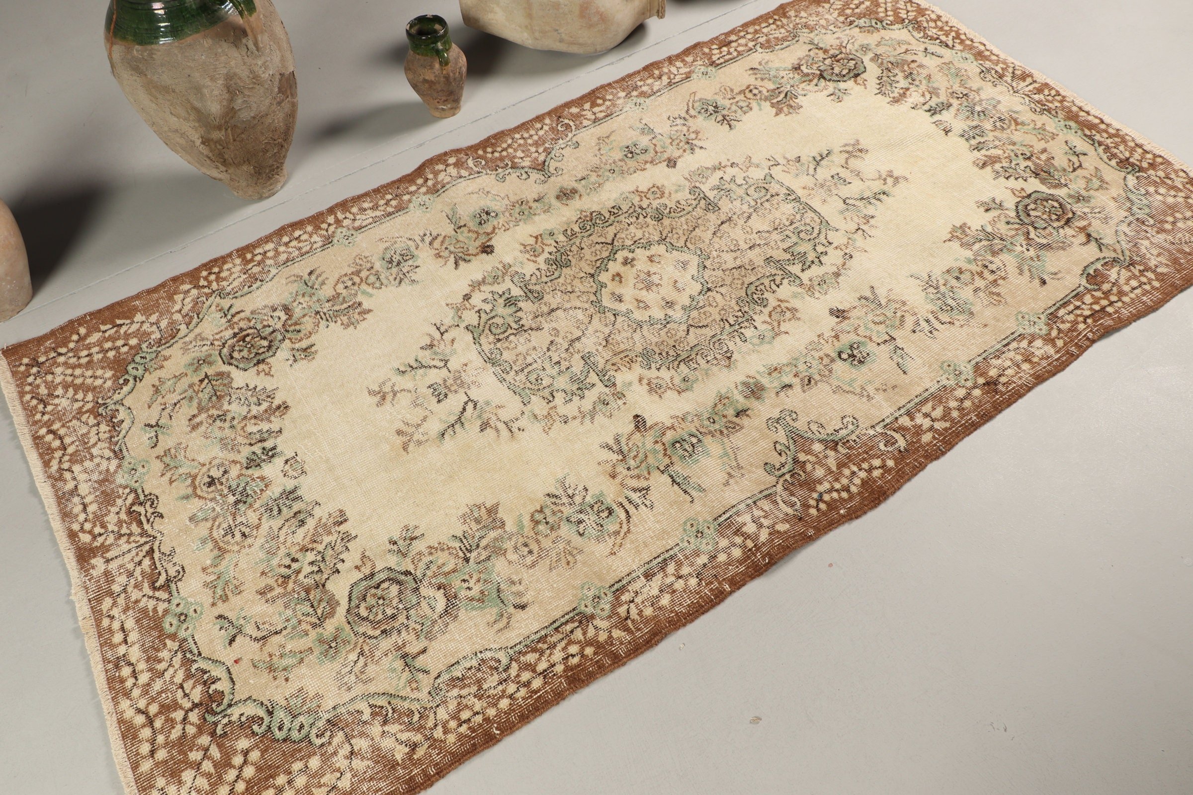 Vintage Rug, Turkish Rugs, Indoor Rug, Beige Antique Rug, Kitchen Rug, Cool Rug, Rugs for Kitchen, Oushak Rugs, 3.7x6.9 ft Area Rug