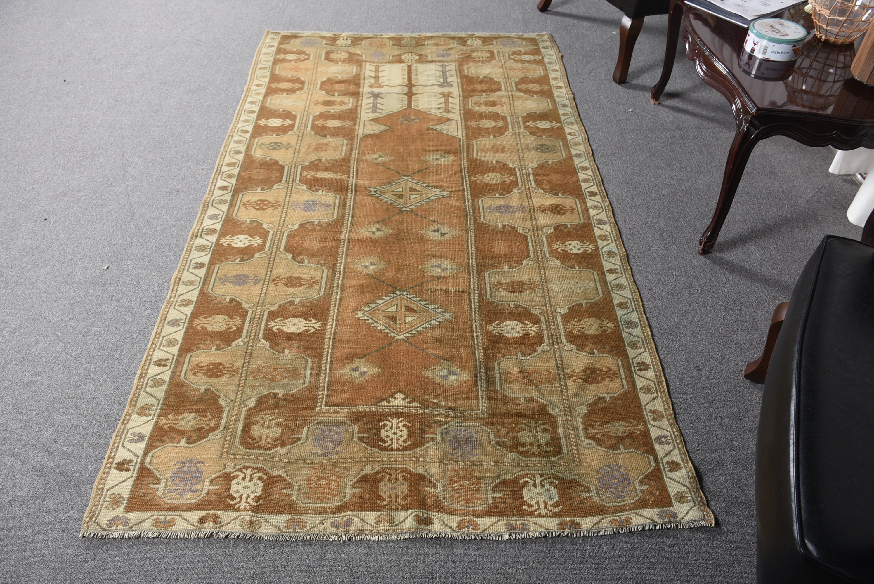 Brown Cool Rug, Oriental Rug, Vintage Rugs, Oushak Rug, Bedroom Rug, Rugs for Living Room, Indoor Rug, 4x7.3 ft Area Rugs, Turkish Rug