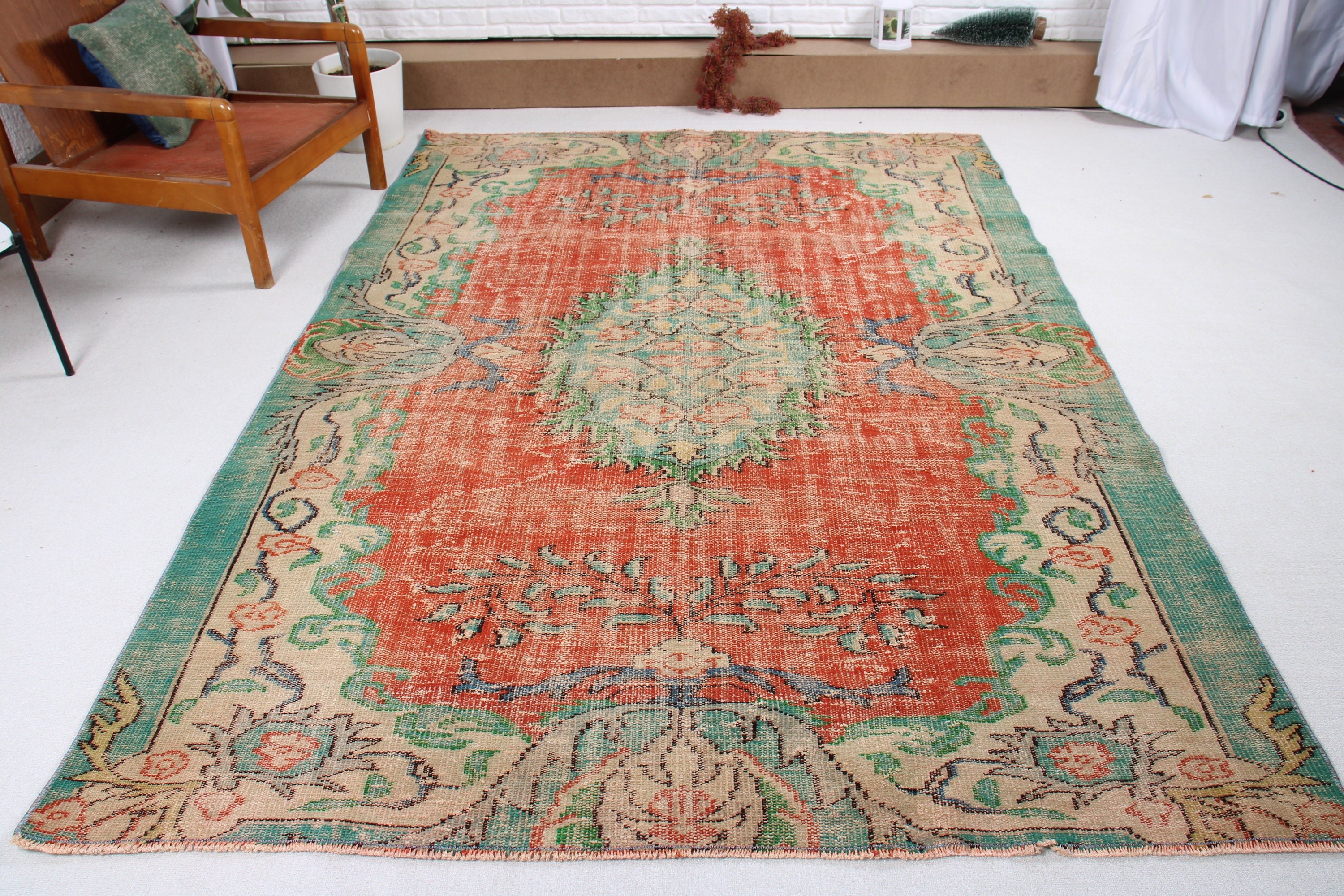 Oushak Halıları, Yün Halısı, Vintage Halısı, Türk Halısı, Büyük Oushak Halısı, Kırmızı Yün Halıları, Geleneksel Halıları, 6.2x8.5 ft Büyük Halısı, Oturma Odası Halısı