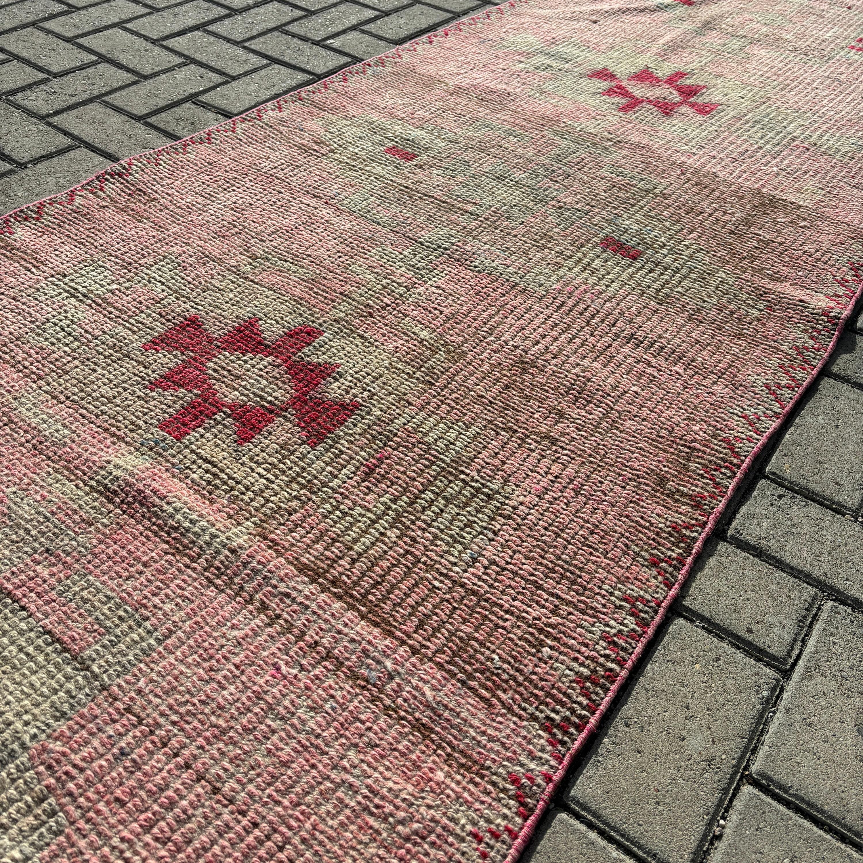 3x11.5 ft Runner Halı, Mutfak Halıları, Yün Halı, Vintage Halılar, Merdiven Halısı, Boho Halıları, Türk Halıları, Pembe Modern Halı, Uzun Koşucu Halıları