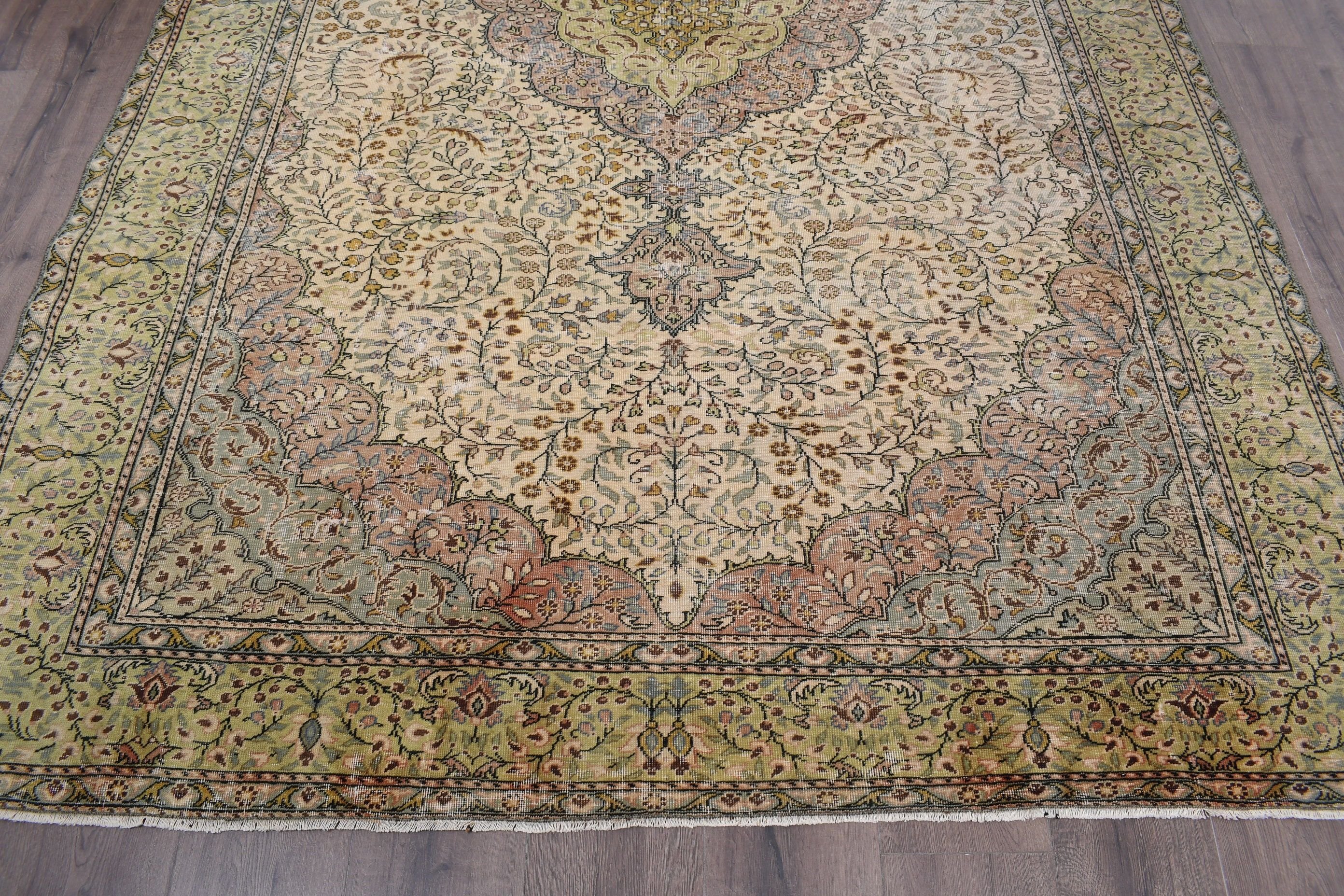 Yer Halıları, Vintage Halılar, 6.3x9.6 ft Büyük Halı, Bej Yer Halıları, Parlak Halı, Türk Halıları, Oushak Halıları, Salon Halısı, Yemek Odası Halıları