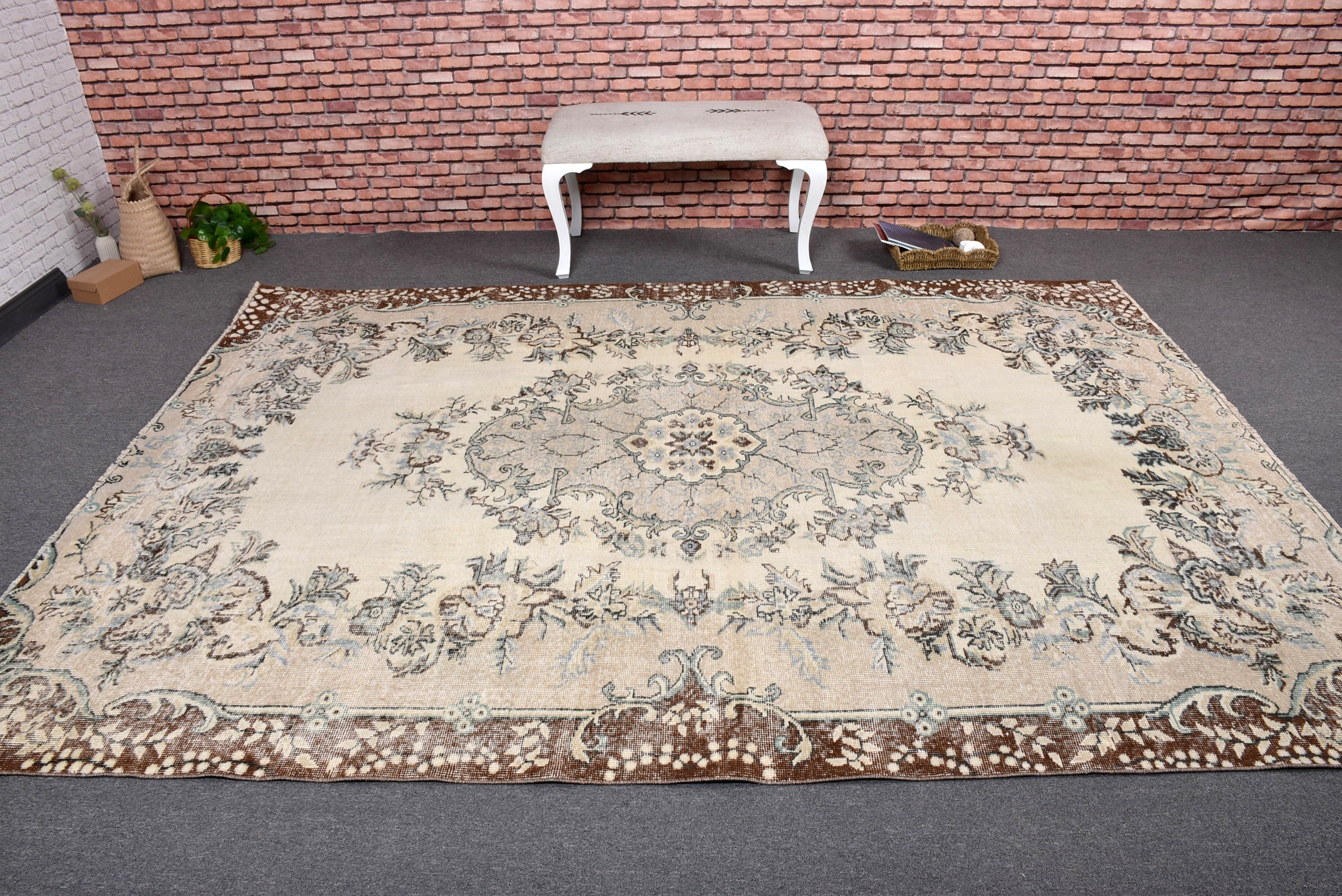 Yatak Odası Halısı, Salon Halıları, 6.9x9.4 ft Büyük Halı, Türk Halısı, Salon Halısı, Bej Fas Halısı, Havalı Halılar, Vintage Halılar, Oushak Halısı