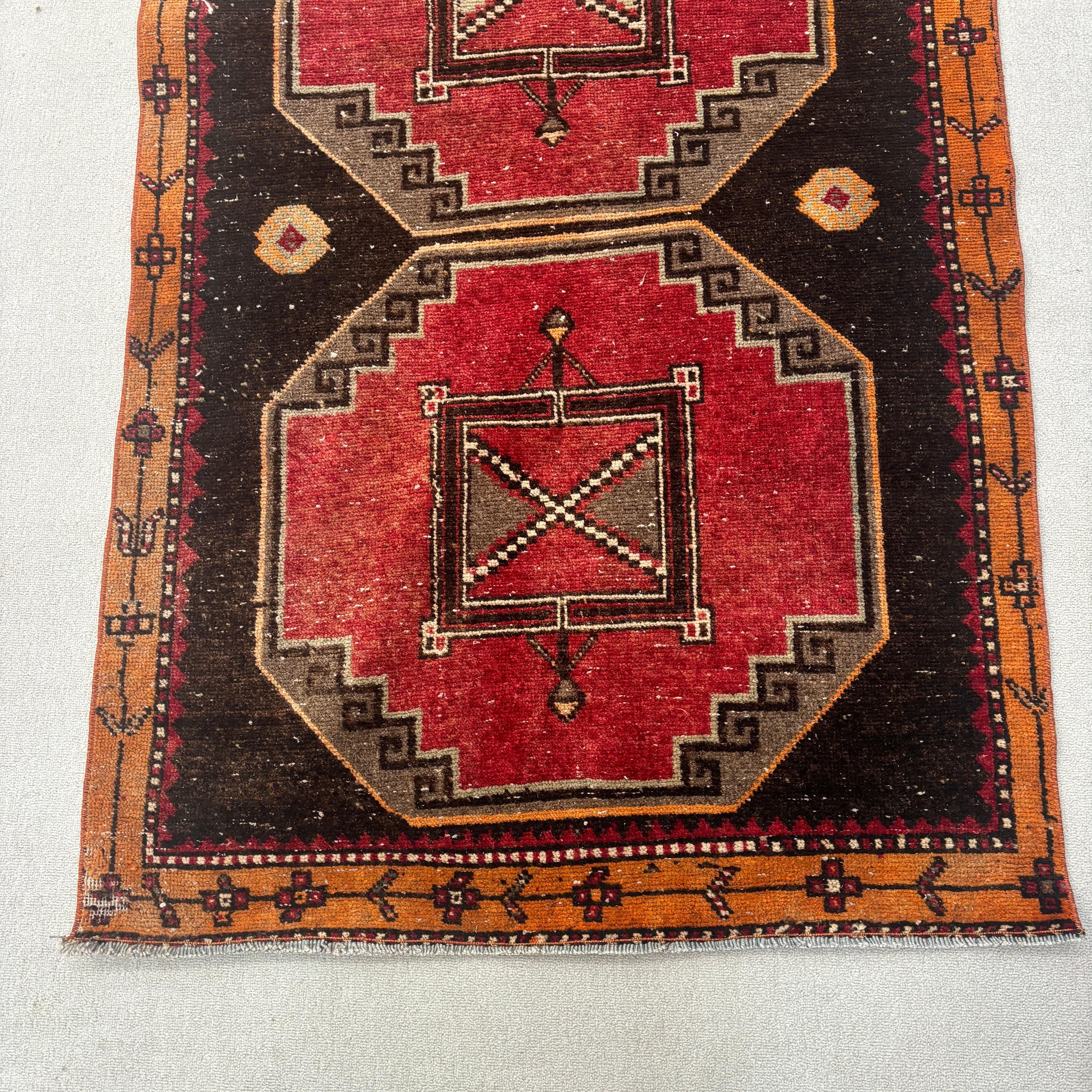 Moroccan Rugs, Turkish Rugs, Vintage Rug, 3.6x12.8 ft Runner Rugs, Neutral Rugs, Red Geometric Rugs, Rugs for Runner, Hallway Rugs