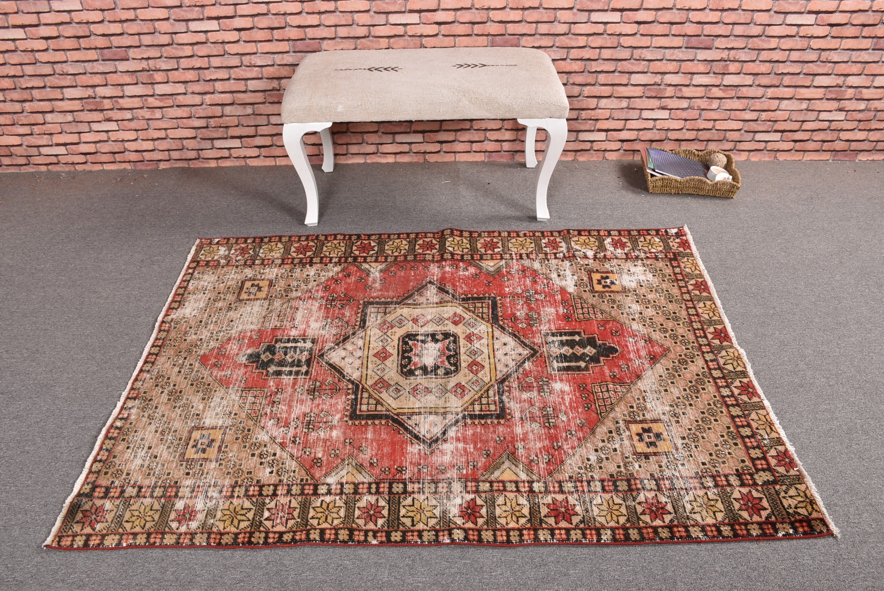 Floor Rug, Rugs for Entry, 4x5.4 ft Accent Rug, Bedroom Rug, Entry Rugs, Modern Rugs, Vintage Rug, Turkish Rugs, Red Wool Rugs, Neutral Rug