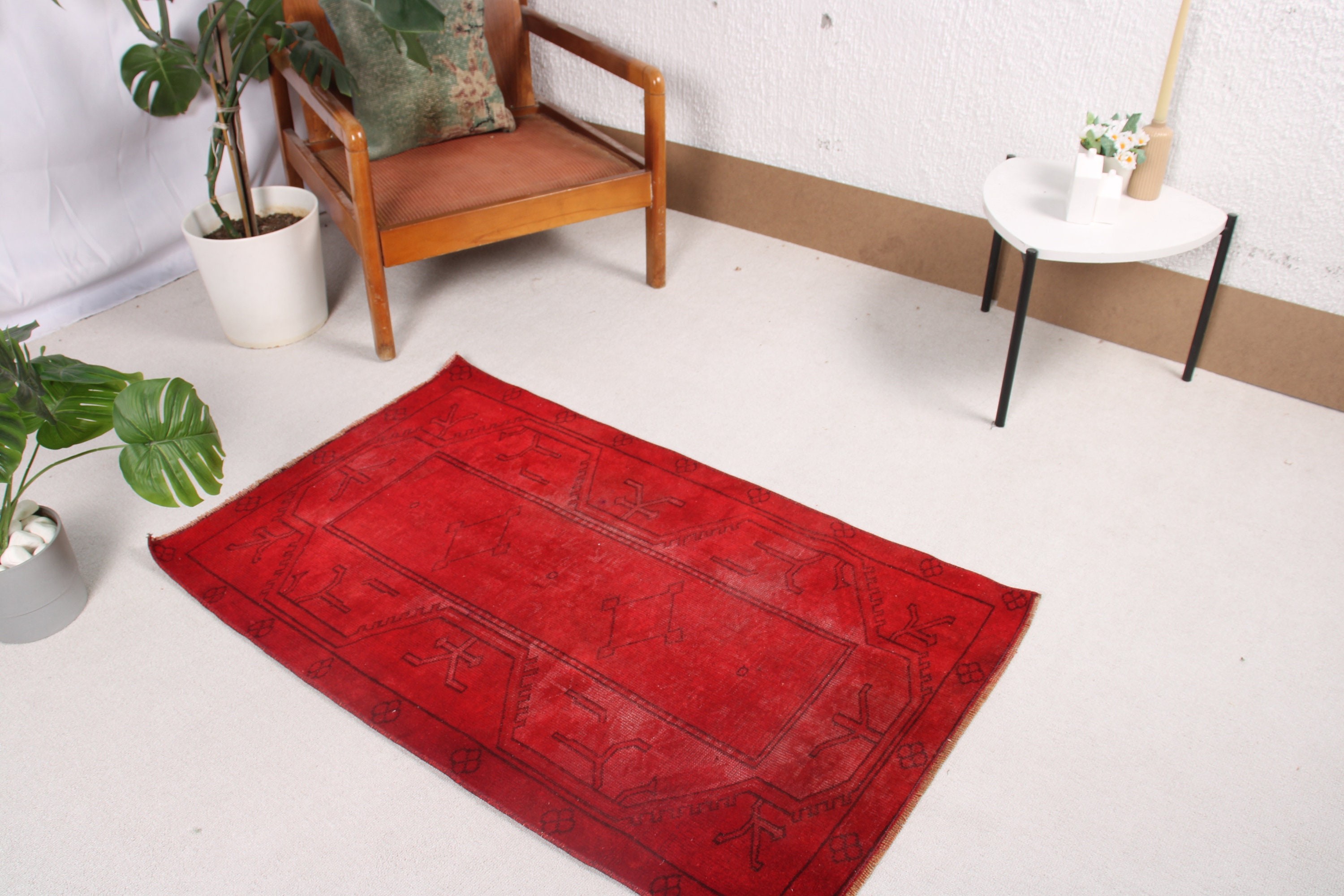 2.4x4 ft Small Rug, Turkish Rugs, Red Wool Rugs, Kitchen Rug, Nursery Rugs, Antique Rug, Oushak Rugs, Rugs for Door Mat, Vintage Rug