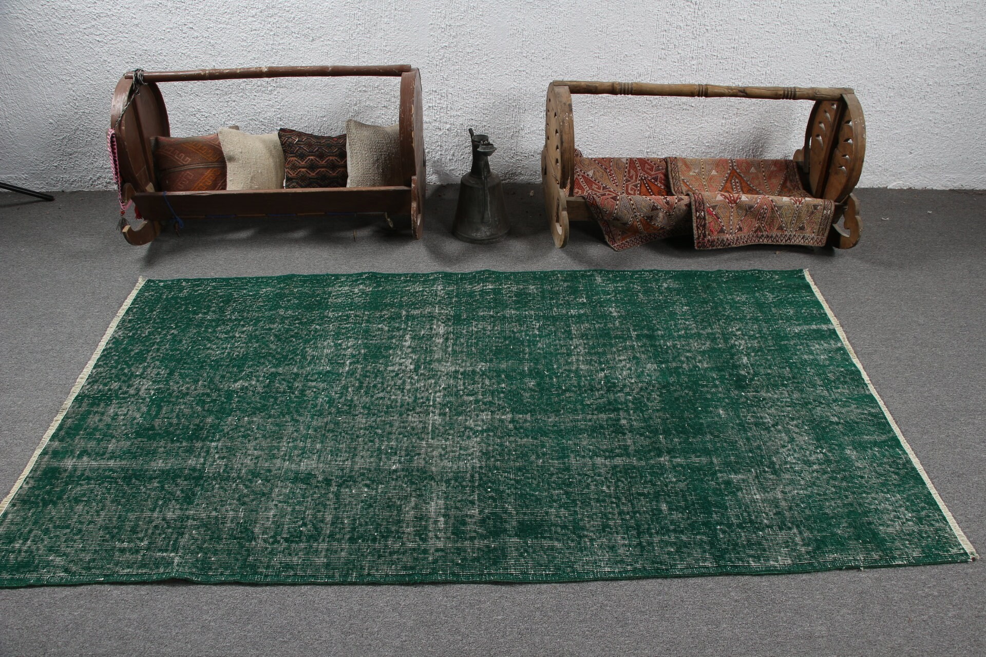 Yemek Odası Halısı, Yeşil 3.7x6.9 ft Alan Halıları, Ev Dekorasyonu Halısı, Eski Halı, Çocuk Odası Halısı, Vintage Halı, Oushak Halısı, Türk Halısı