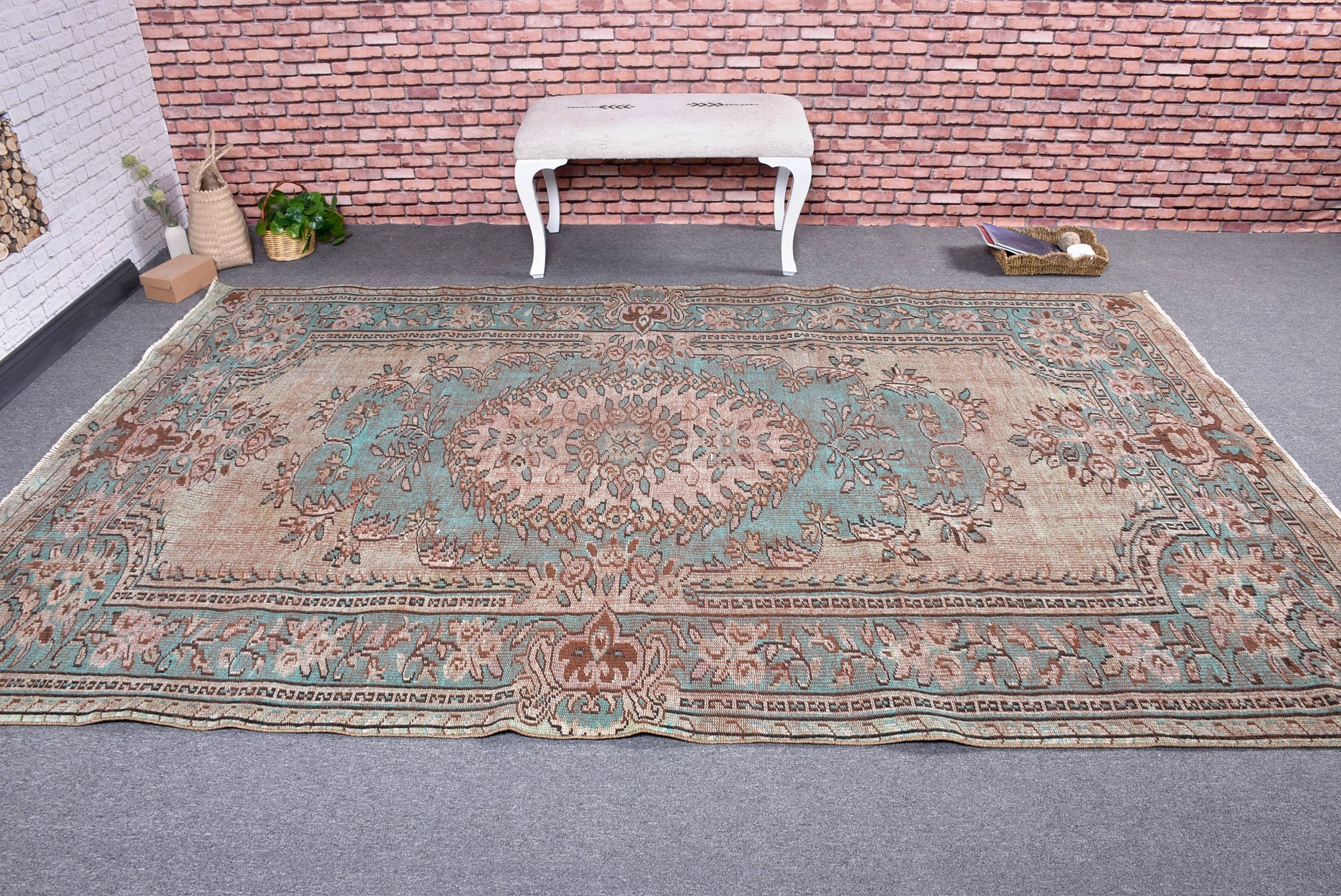 Rugs for Dining Room, Large Oushak Rug, Bedroom Rugs, Modern Rugs, Turkish Rugs, Green Kitchen Rugs, Vintage Rug, 6.1x9.9 ft Large Rug