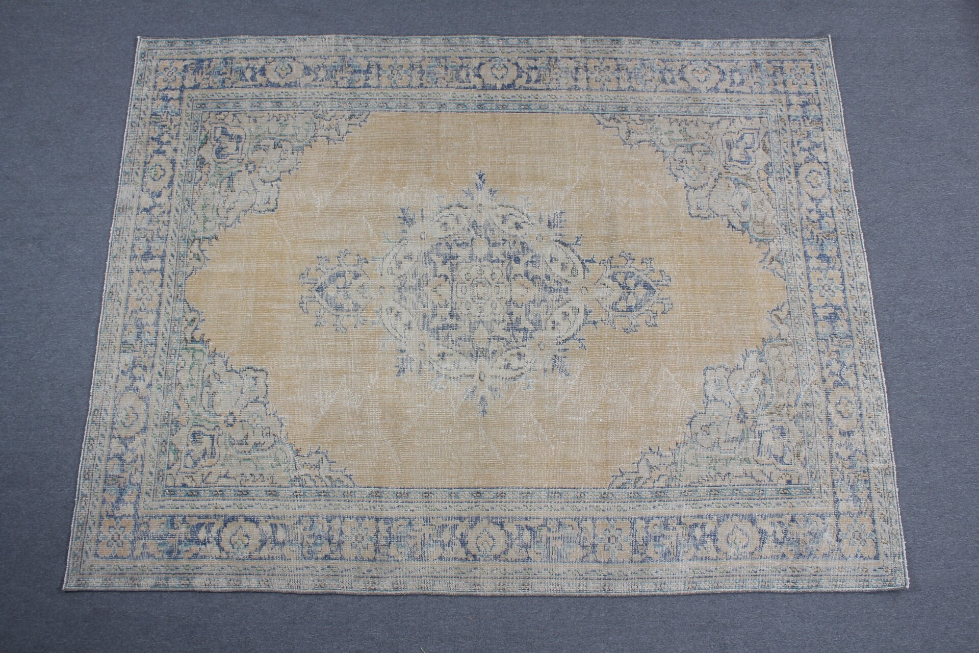 Salon Halısı, Anadolu Halısı, Yemek Odası Halıları, Soluk Halı, Türk Halısı, Vintage Halılar, 7.4x9.8 ft Büyük Boy Halılar, Sarı Yün Halı, Ev Dekorasyonu Halısı