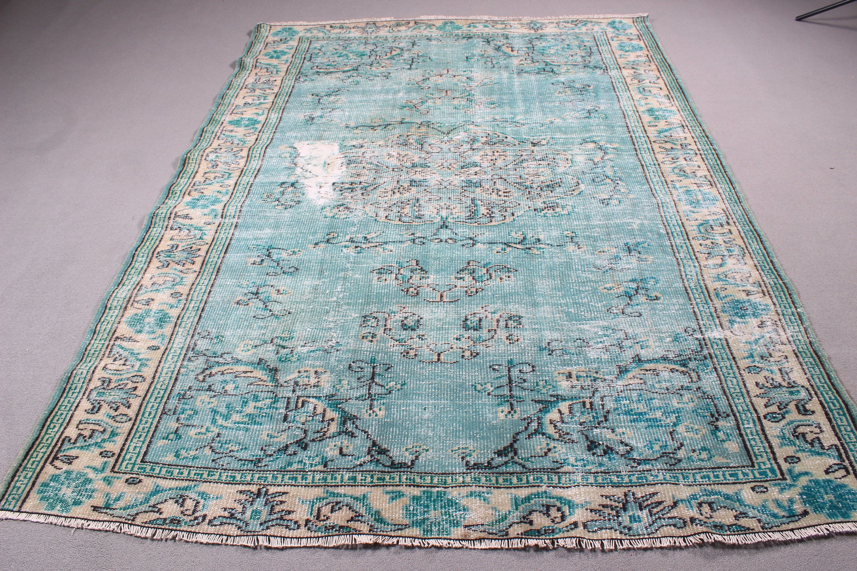 6.4x8.6 ft Büyük Halılar, Türk Halısı, Vintage Halı, Yeşil Nötr Halı, Oushak Halısı, Yemek Odası Halıları, Yatak Odası Halısı, Büyük Boho Halısı