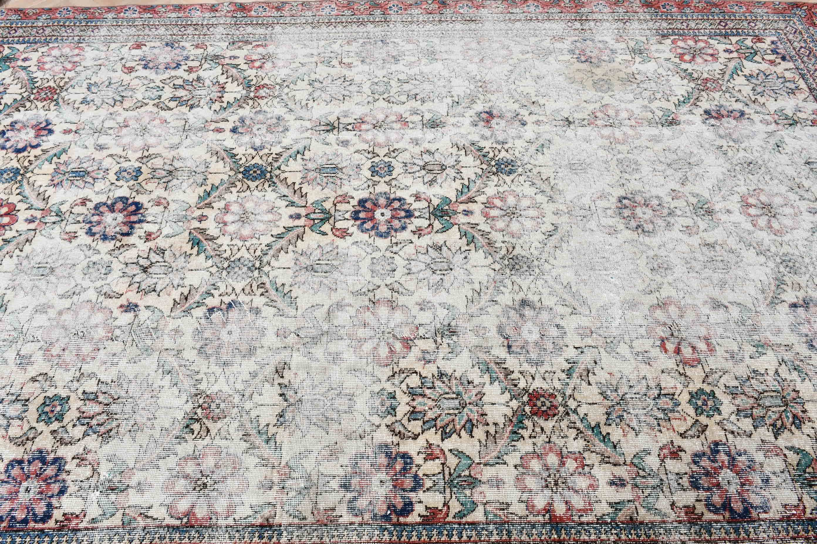 Yün Halı, Oturma Odası Halısı, Vintage Halılar, Bej Oushak Halısı, Yatak Odası Halısı, Retro Halılar, Türk Halıları, Anadolu Halısı, 6.4x10.9 ft Büyük Halı