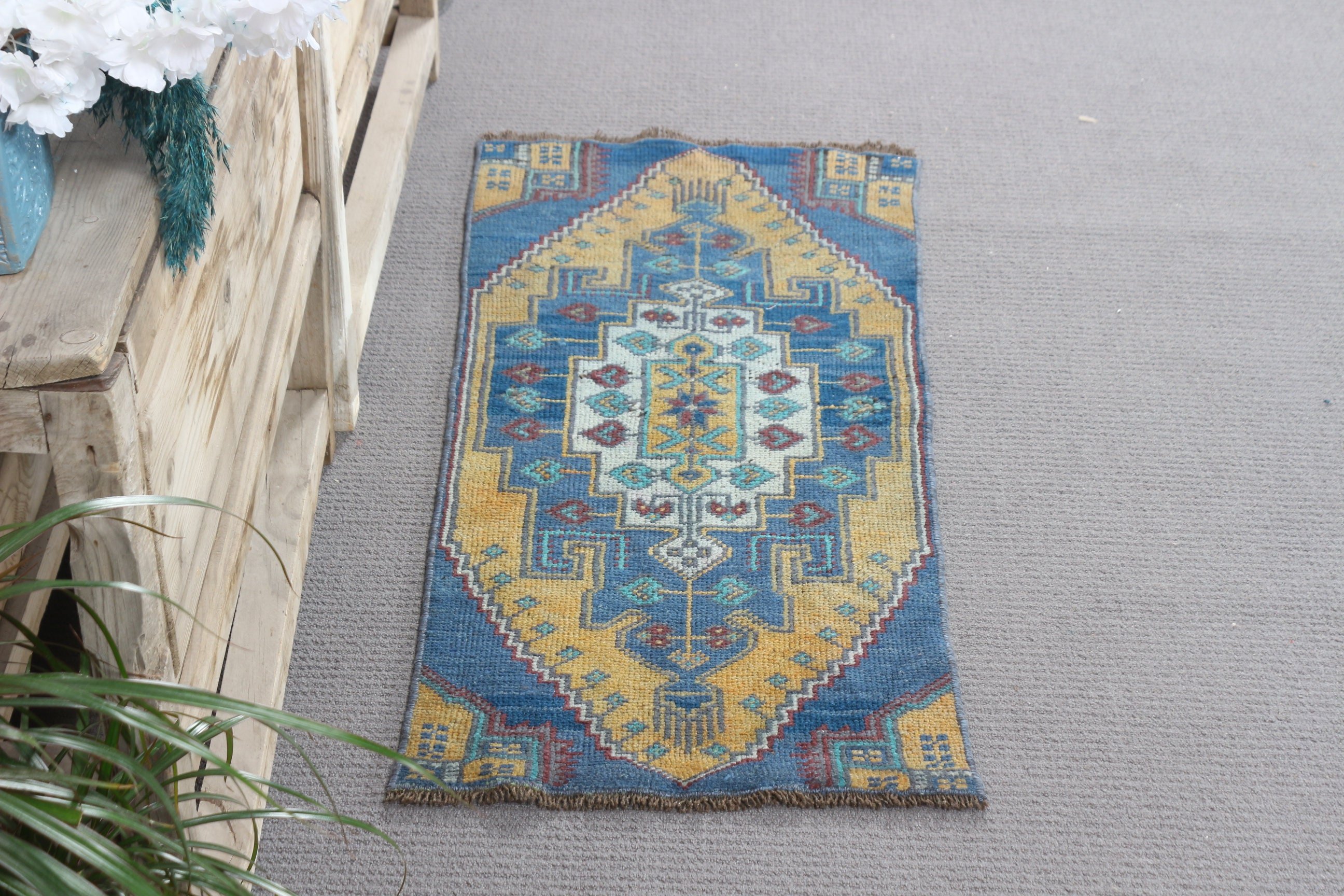 1.6x3.5 ft Small Rug, Floor Rugs, Entry Rug, Bathroom Rugs, Vintage Rug, Oushak Rugs, Turkish Rugs, Rugs for Wall Hanging, Blue Oushak Rug