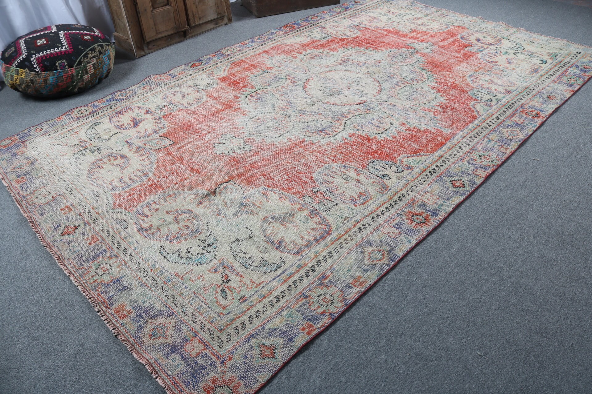 Vintage Rug, Saloon Rug, Turkish Rugs, Dining Room Rugs, Anatolian Rugs, Red Handwoven Rug, Kitchen Rugs, 6.8x10.9 ft Oversize Rug