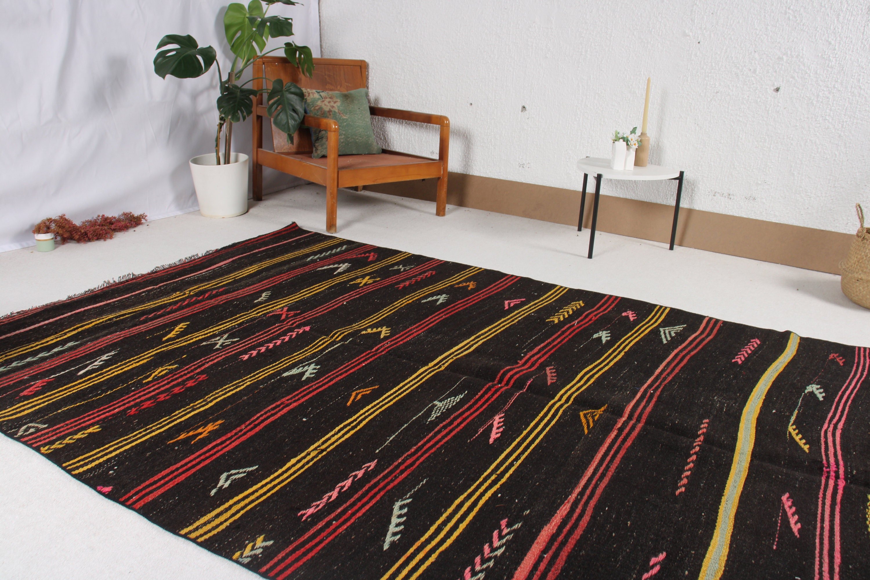 Türk Halısı, 5.6x8.4 ft Büyük Halı, Kilim, Büyük Boho Halıları, Yatak Odası Halıları, Fas Halısı, Siyah Antika Halılar, Vintage Halılar, Büyük Vintage Halılar