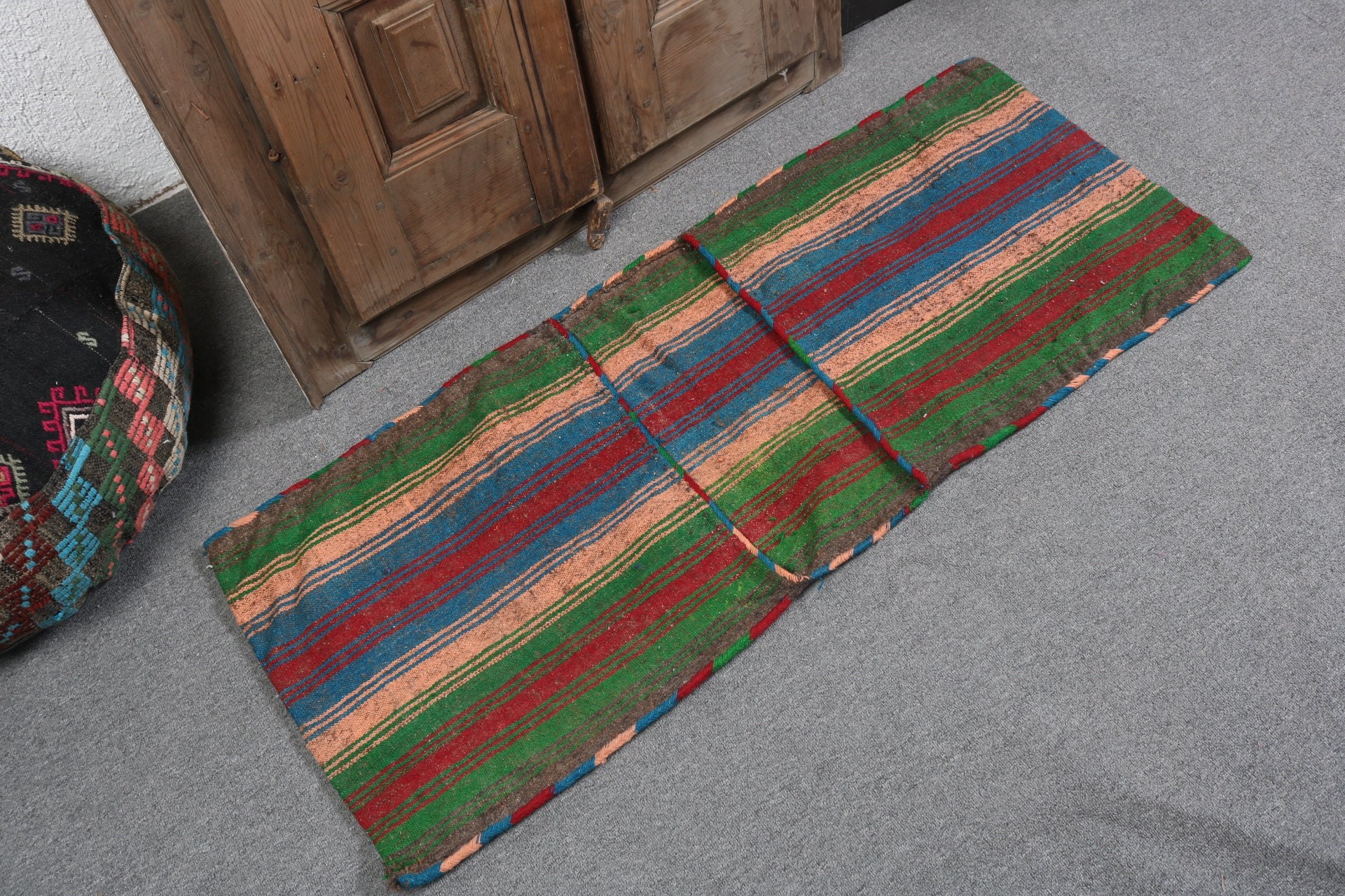 1.6x4 ft Küçük Halılar, Yeşil Düz Dokuma Halı, Türk Halıları, Kilim, Yatak Odası Halıları, Antika Halı, Geometrik Halılar, Vintage Halı, Paspas Halıları