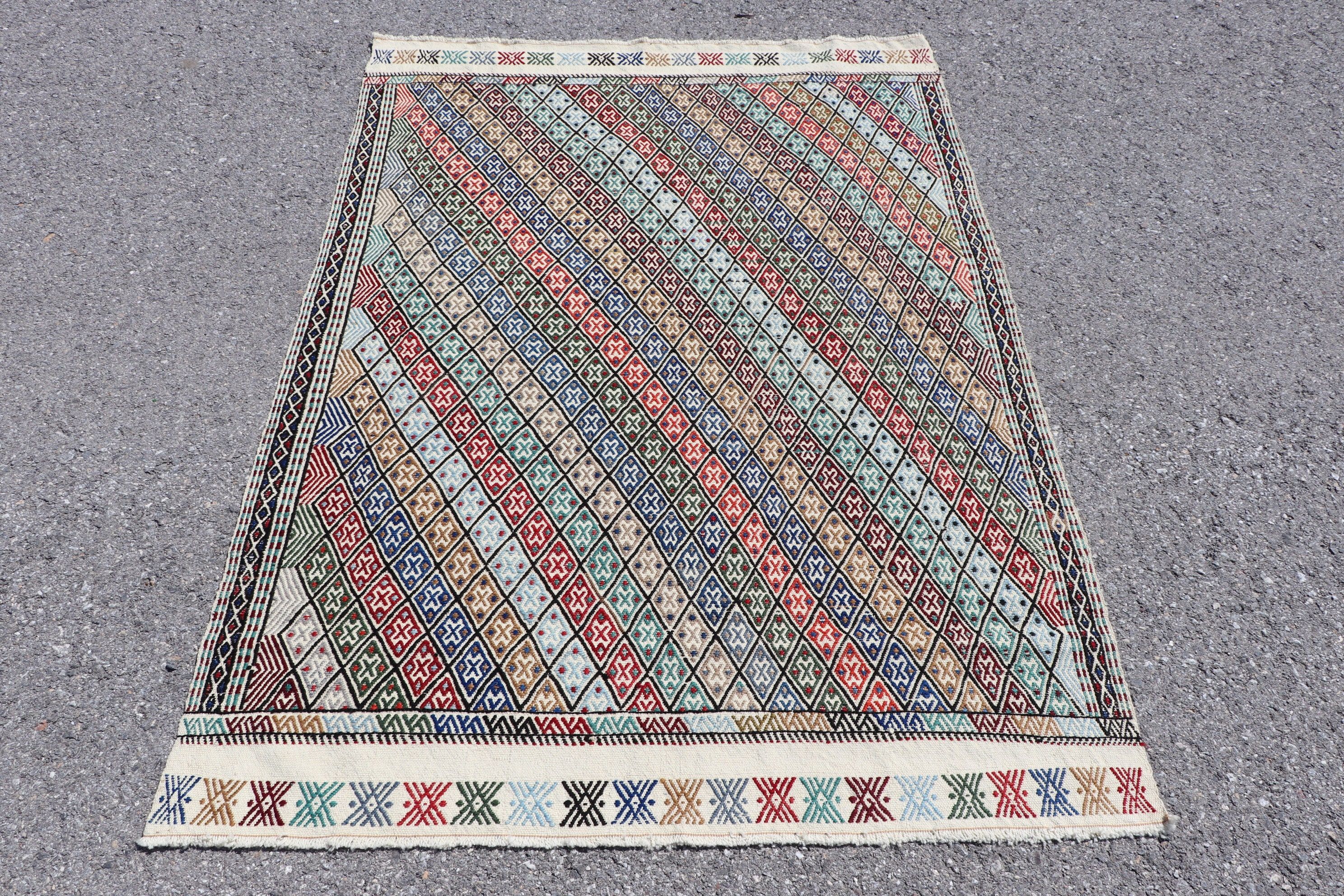 Bedroom Rug, Turkish Rug, Rugs for Bedroom, Blue Oushak Rug, Wool Rug, Vintage Rug, 3.9x5.7 ft Accent Rug, Nursery Rugs, Kilim, Old Rug