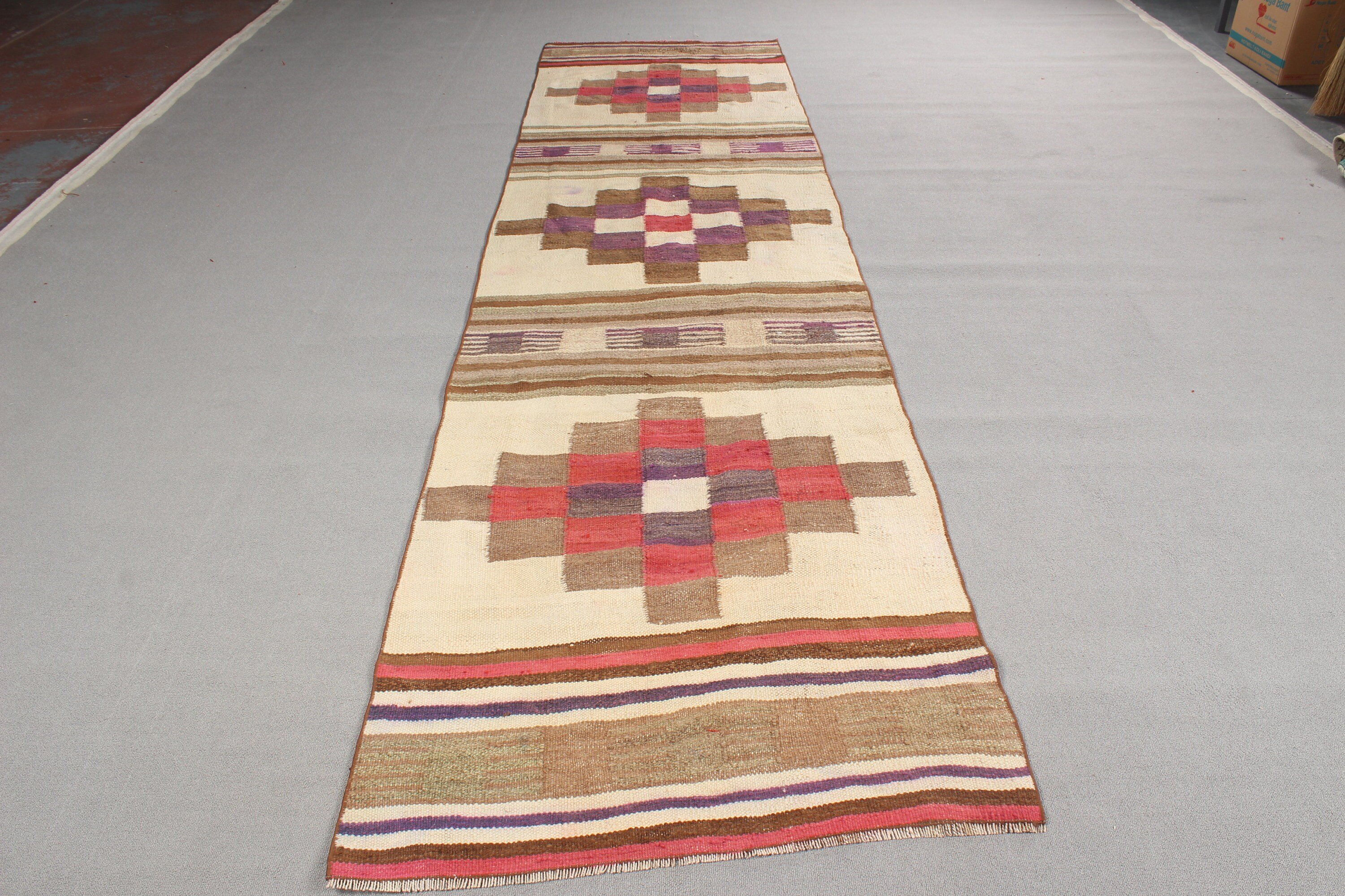 Lüks Halılar, Bej El Dokuma Halılar, Düz Dokuma Halı, 3,2x12,6 ft Runner Halı, Vintage Halı, Türk Halısı, Kilim, Koridor Halıları, El Dokuma Halılar