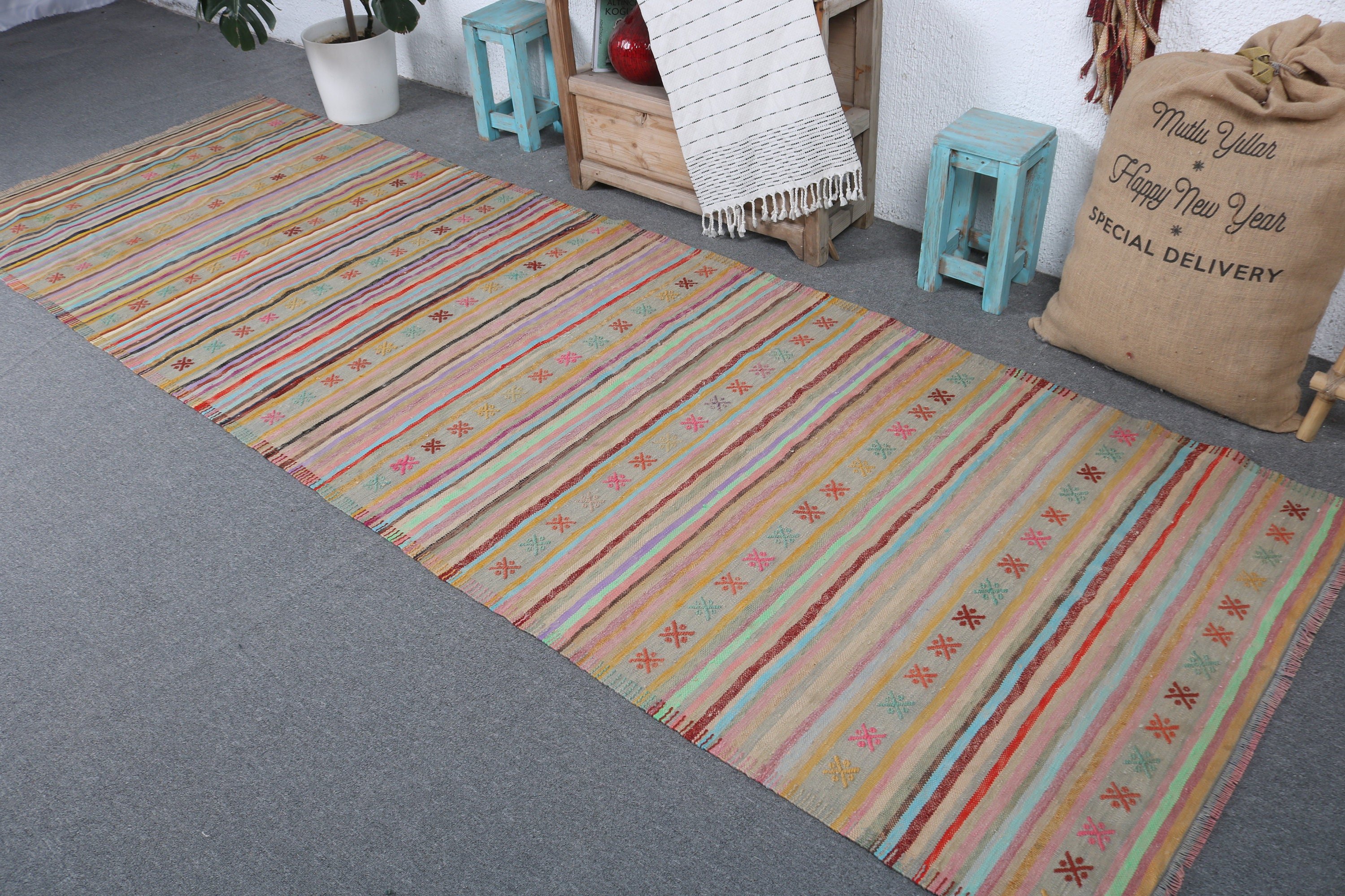 Rainbow Moroccan Rugs, Vintage Runner Rug, Vintage Rug, Kilim, 3.7x11.1 ft Runner Rugs, Turkish Rugs, Modern Rugs, Hallway Rug, Wool Rugs