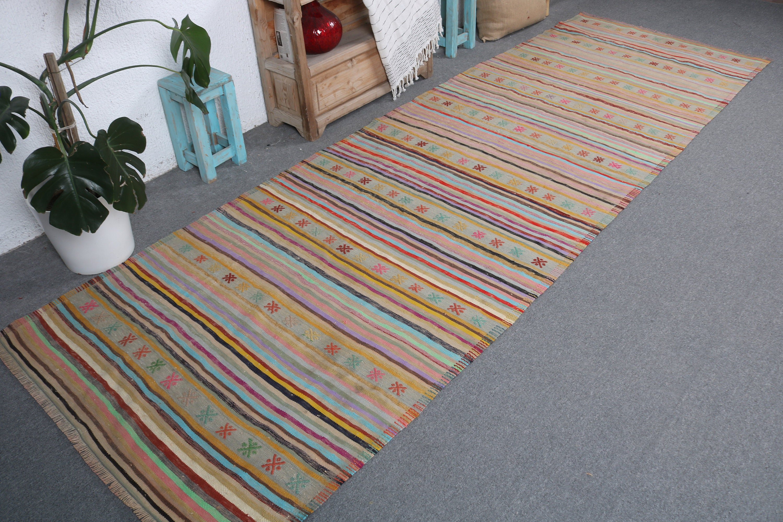 Rainbow Moroccan Rugs, Vintage Runner Rug, Vintage Rug, Kilim, 3.7x11.1 ft Runner Rugs, Turkish Rugs, Modern Rugs, Hallway Rug, Wool Rugs