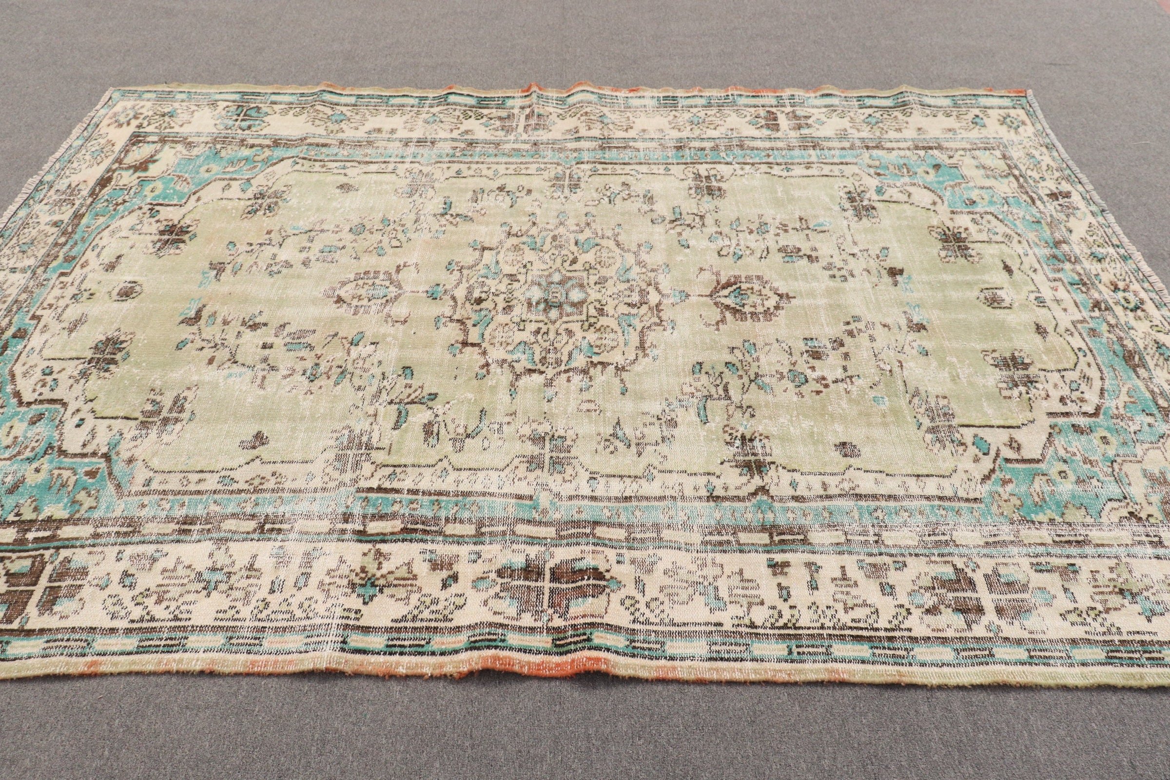 Living Room Rug, Vintage Rug, Bedroom Rugs, 6.2x8.7 ft Large Rug, Kitchen Rugs, Wool Rugs, Rugs for Salon, Green Oushak Rug, Turkish Rug