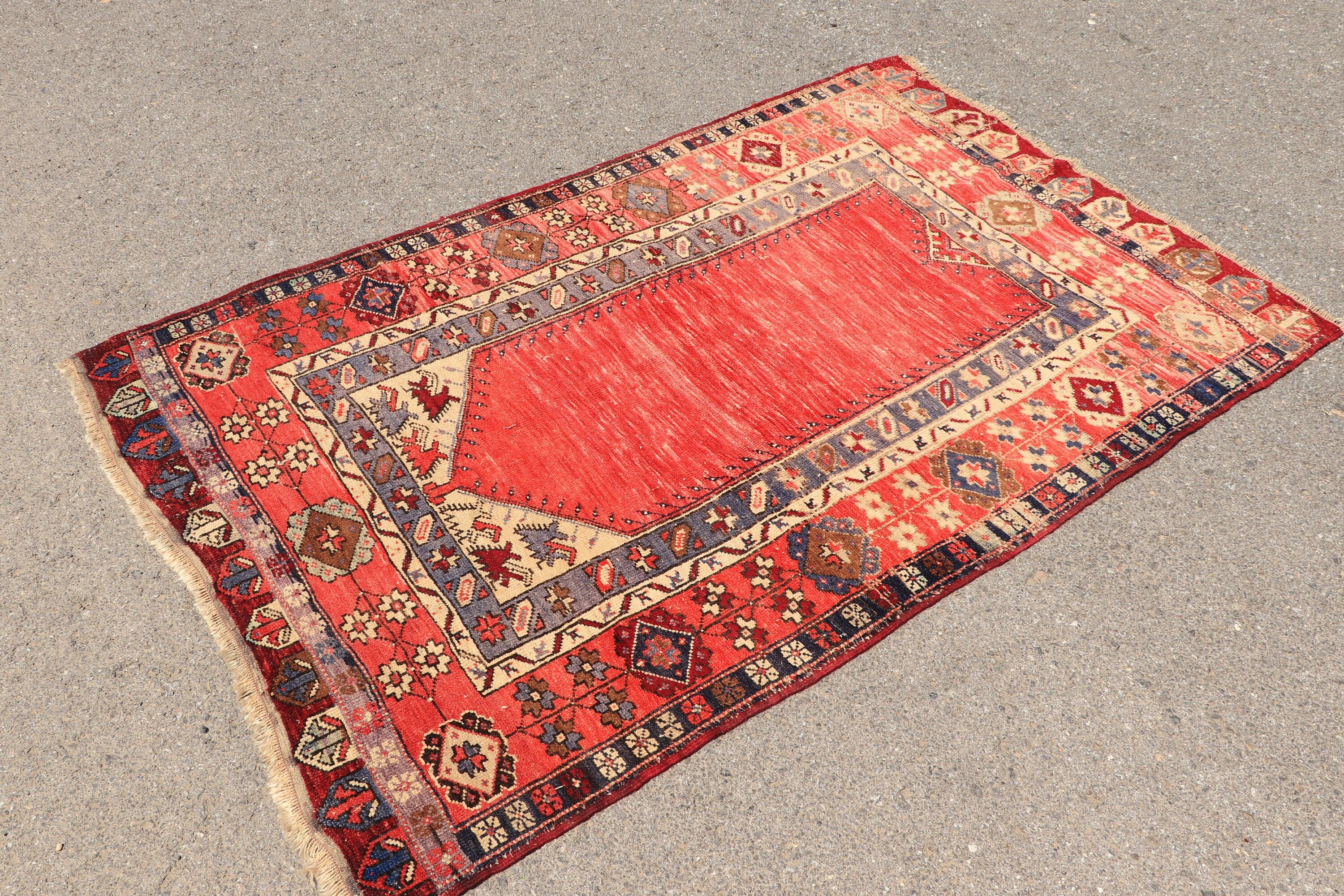Vintage Rugs, Oushak Rug, Turkish Rug, Art Rug, 4x6.2 ft Area Rugs, Floor Rugs, Kitchen Rugs, Rugs for Kitchen, Red Anatolian Rugs