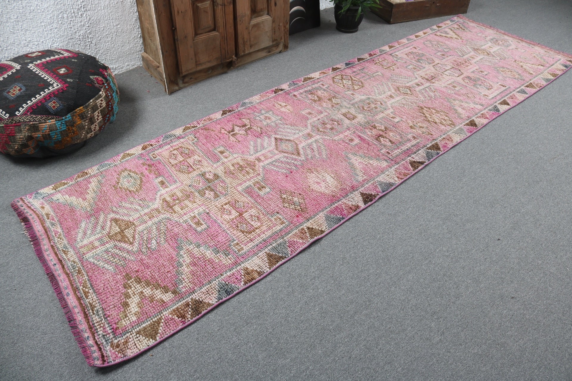 Pink Wool Rugs, Geometric Rug, Turkish Rug, Bedroom Rugs, 3.1x10.8 ft Runner Rug, Vintage Rugs, Hallway Rugs, Rugs for Beni Ourain Runner