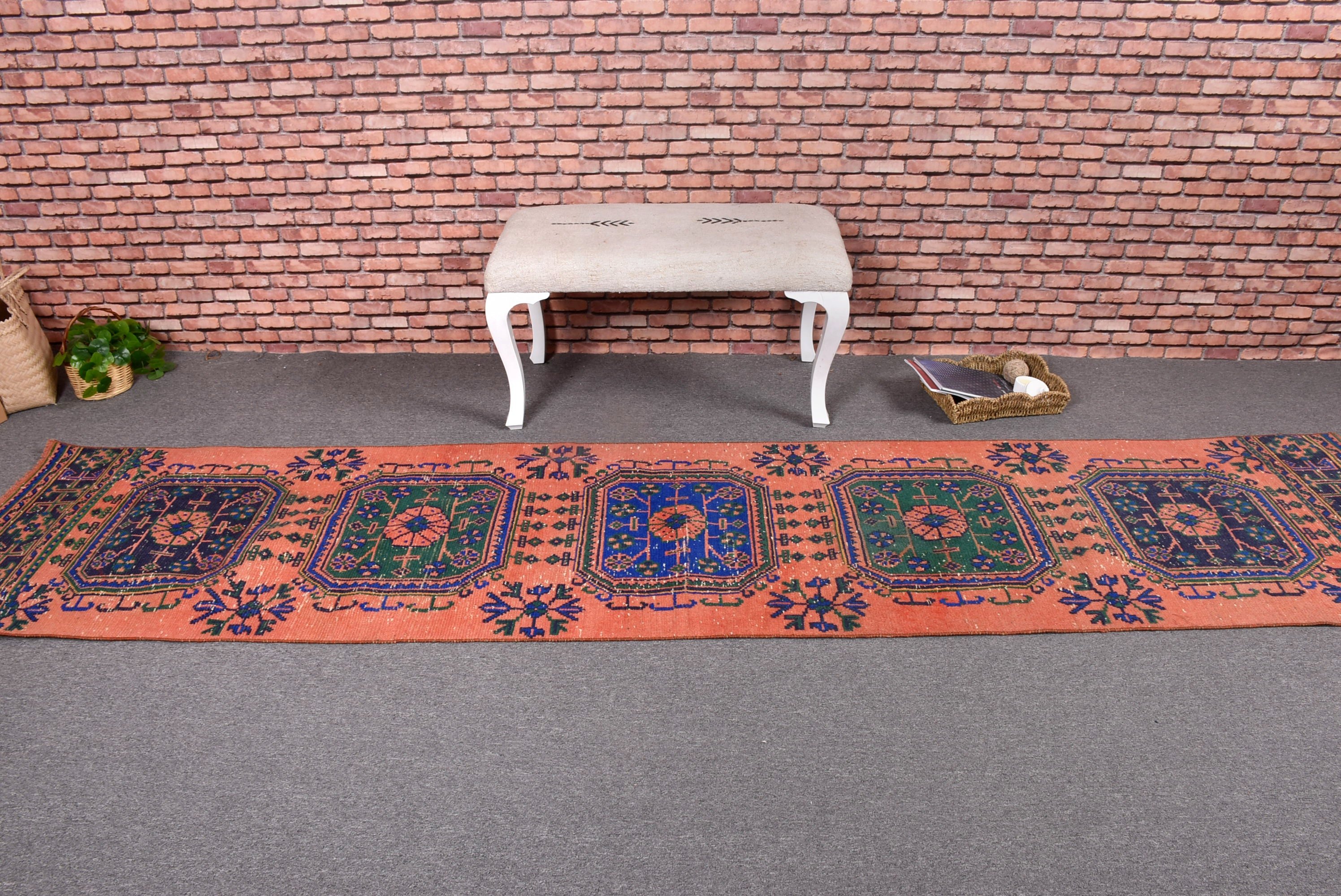 Türk Halısı, Vintage Halı, Mutfak Halısı, Yer Halıları, 2.7x11.5 ft Runner Halısı, Vintage Runner Halıları, Yatak Odası Halıları, Turuncu Geometrik Halılar