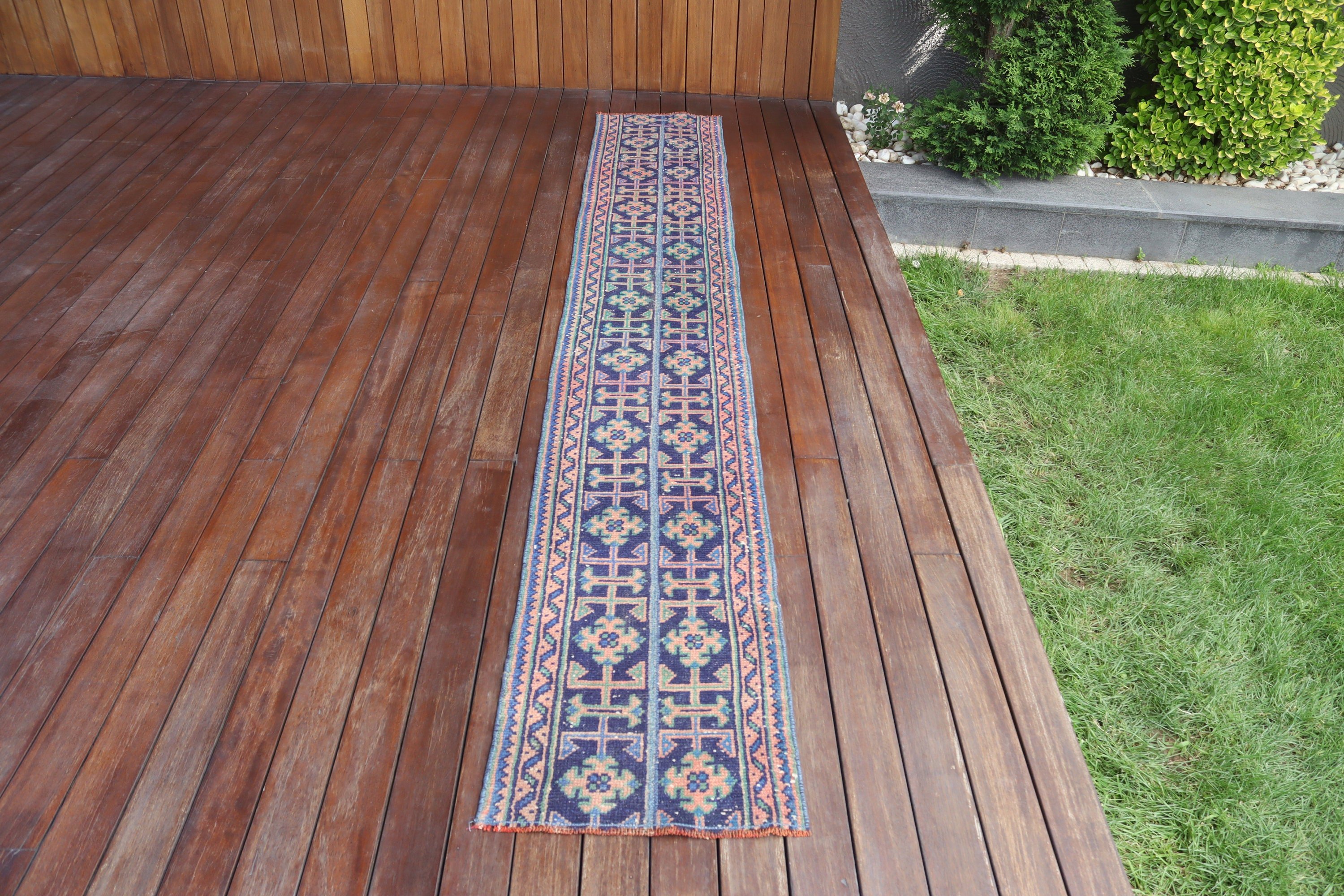 Mavi Oryantal Halı, Vintage Halı, Koridor Halıları, Uzun Koşucu Halıları, 1.4x9.8 ft Koşucu Halısı, Nötr Halılar, Türk Halısı, Düz Dokuma Halılar