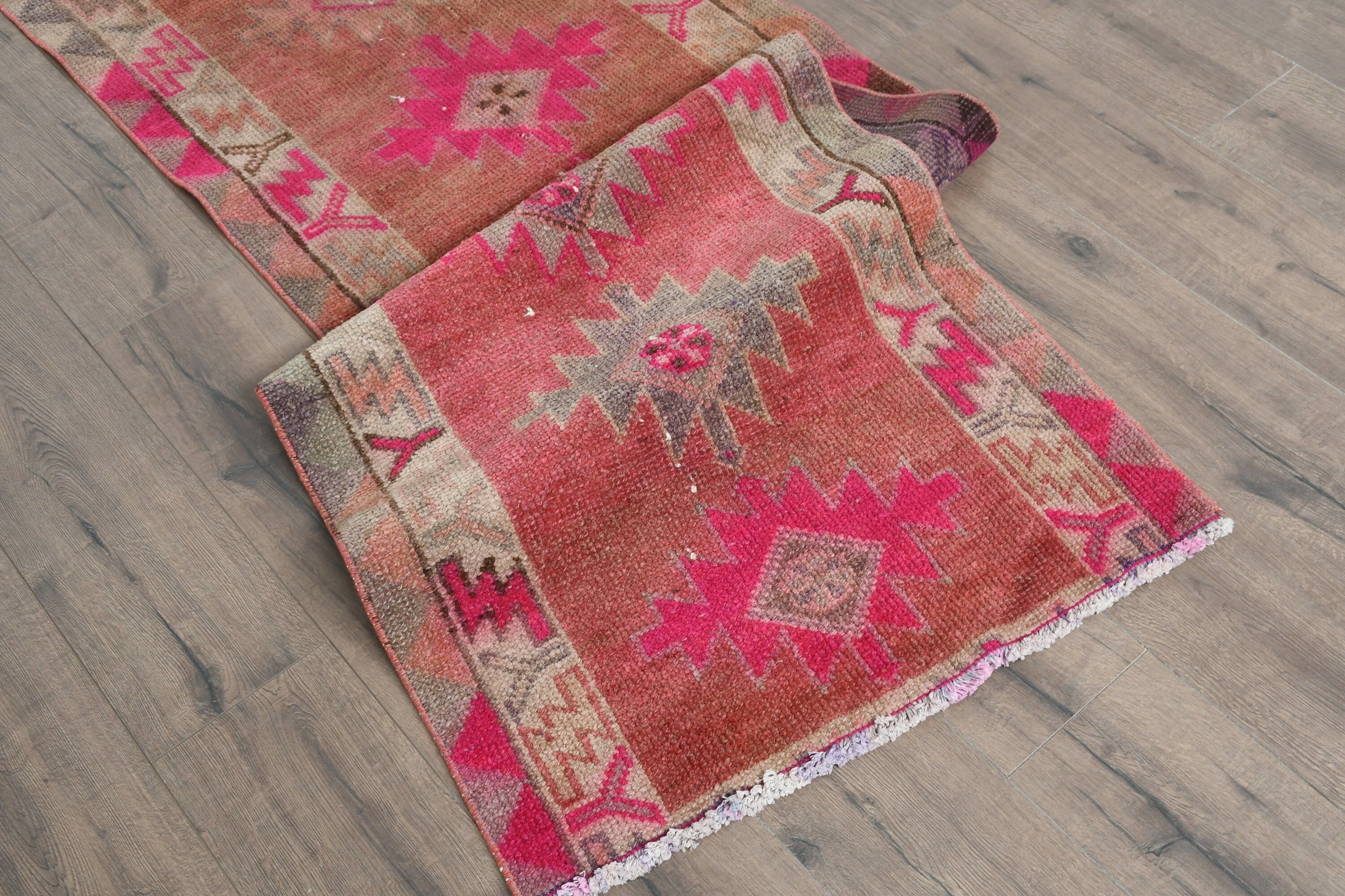 2.5x10.6 ft Runner Halıları, Vintage Halı, Pembe Yün Halılar, Mutfak Halıları, Merdiven Halıları, Koridor Halısı, Yün Halı, Ev Dekorasyonu Halısı, Türk Halıları