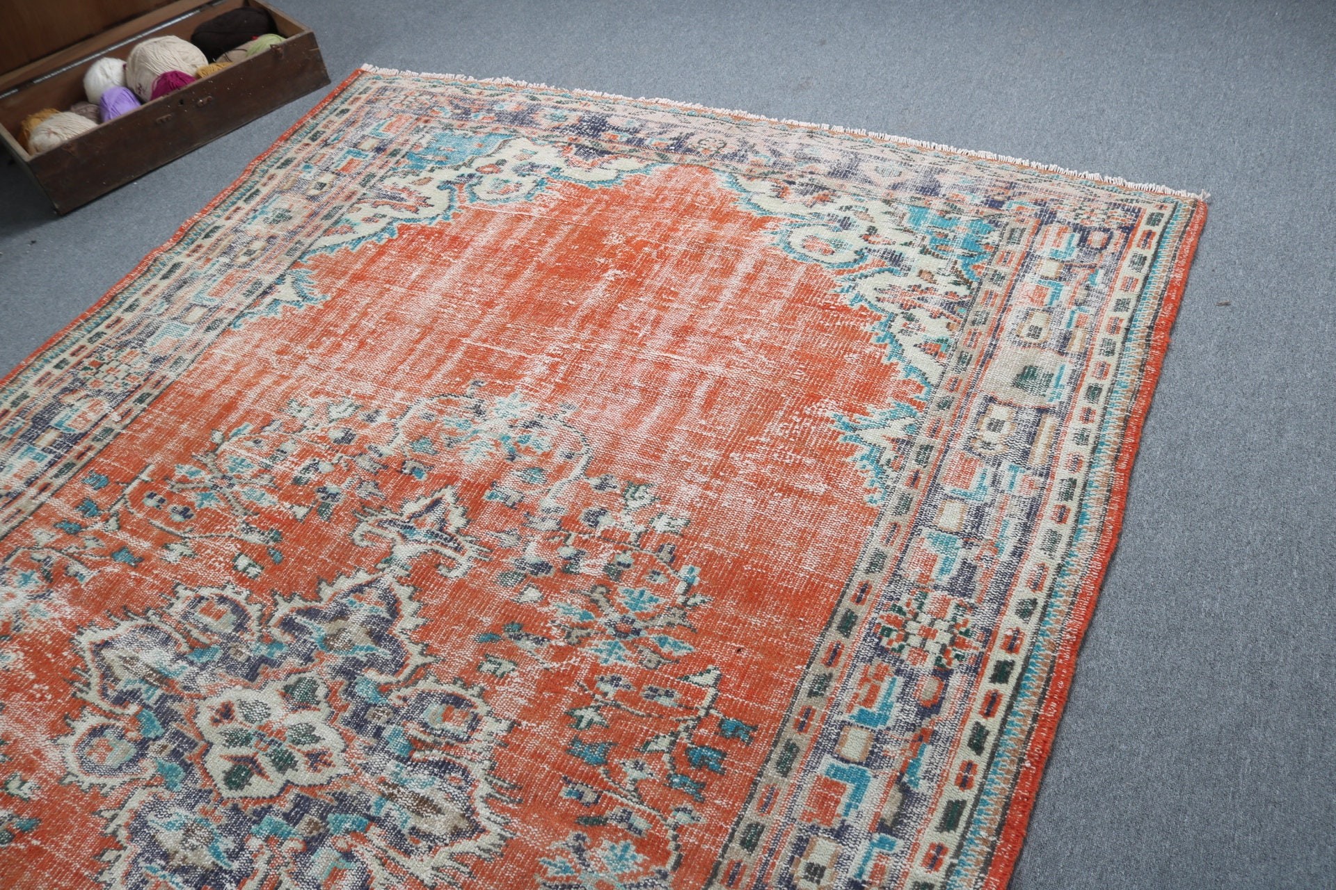 Ev Dekorasyonu Halıları, Anadolu Halıları, 6.5x10.4 ft Büyük Halı, Turuncu El Dokuma Halı, Büyük Boho Halıları, Büyük Vintage Halı, Vintage Halılar, Türk Halısı