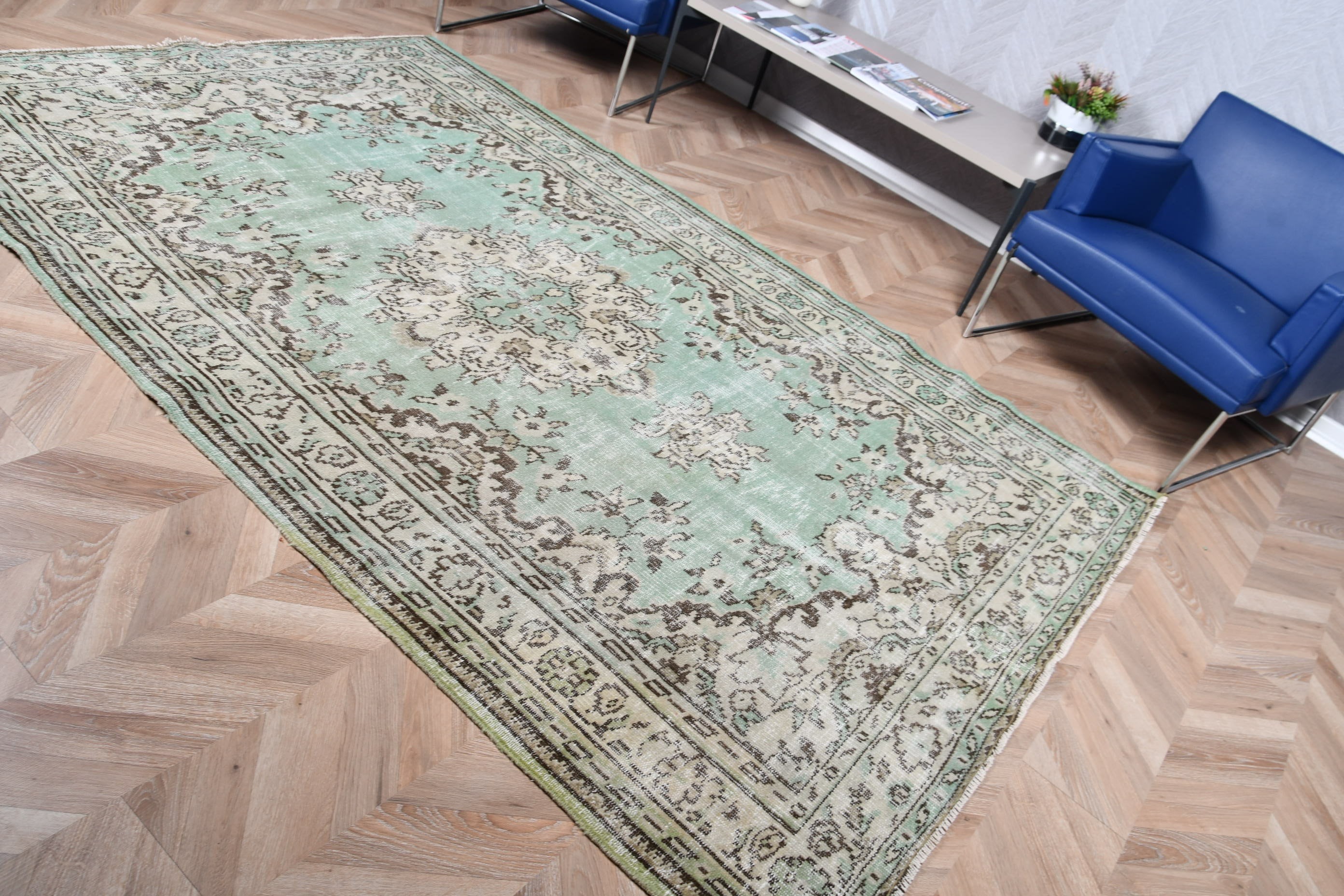 Fas Halısı, Türk Halıları, Yeşil Anadolu Halısı, Yün Halılar, Oturma Odası Halıları, 5.5x8.5 ft Büyük Halı, Eskitilmiş Halı, Vintage Halılar, Salon Halısı