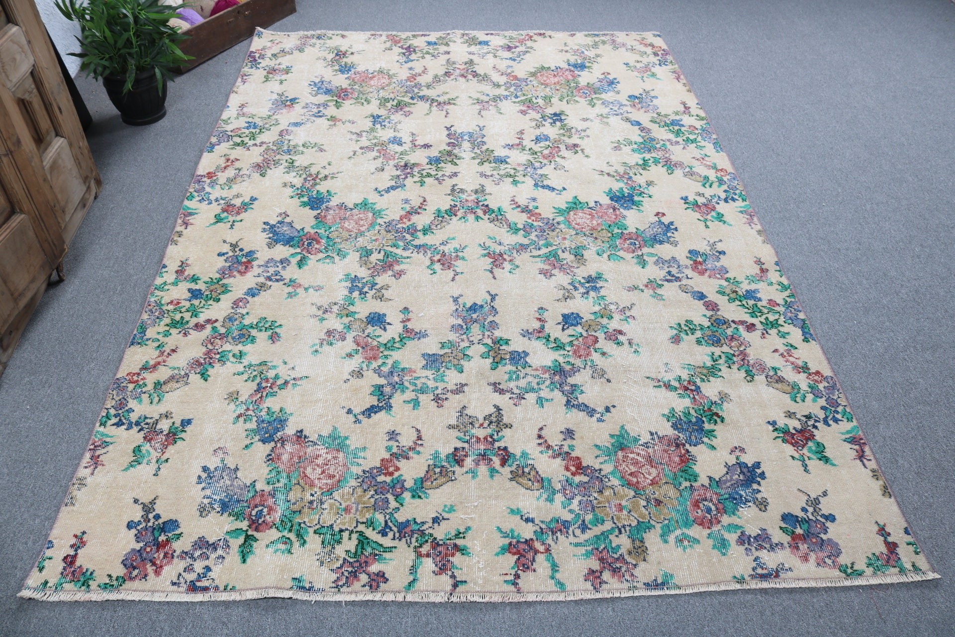 Türk Halısı, 5.7x8.4 ft Büyük Halı, Büyük Vintage Halı, Büyük Oushak Halıları, Ev Dekor Halısı, Vintage Halı, Bej Yün Halılar, Yatak Odası Halıları